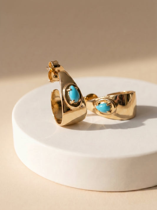 Gold Half Hoop Earrings with Turquoise Stone