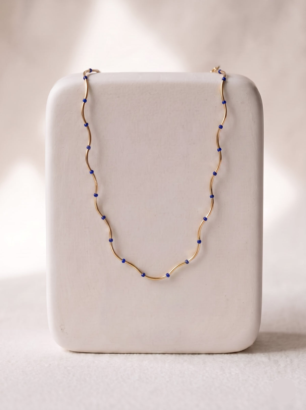 Gold Wave Chain Necklace with Blue Jade Beads