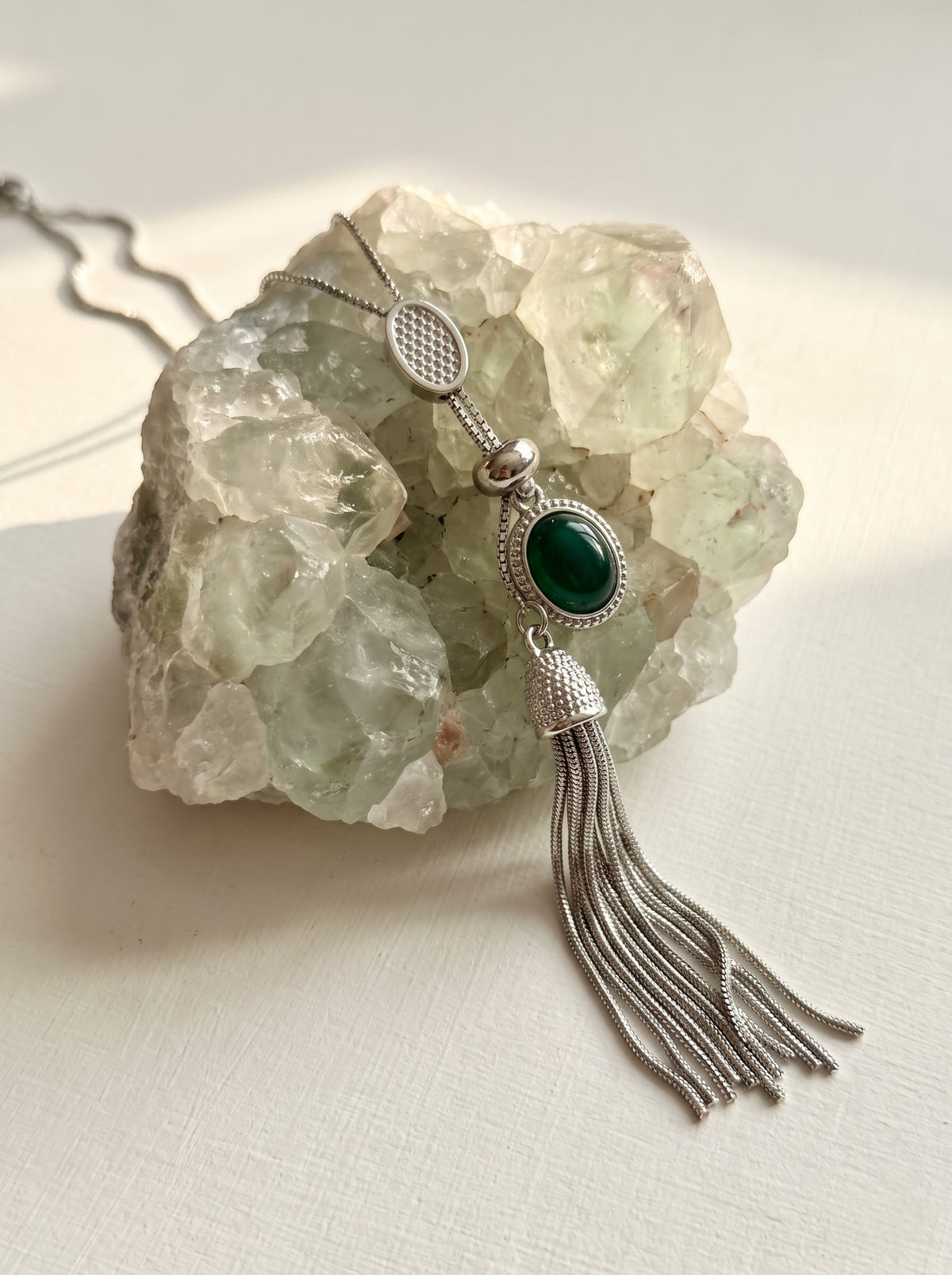 Green Agate Rhodium Plated Tassel Lariat Necklace - Rhodium Plated