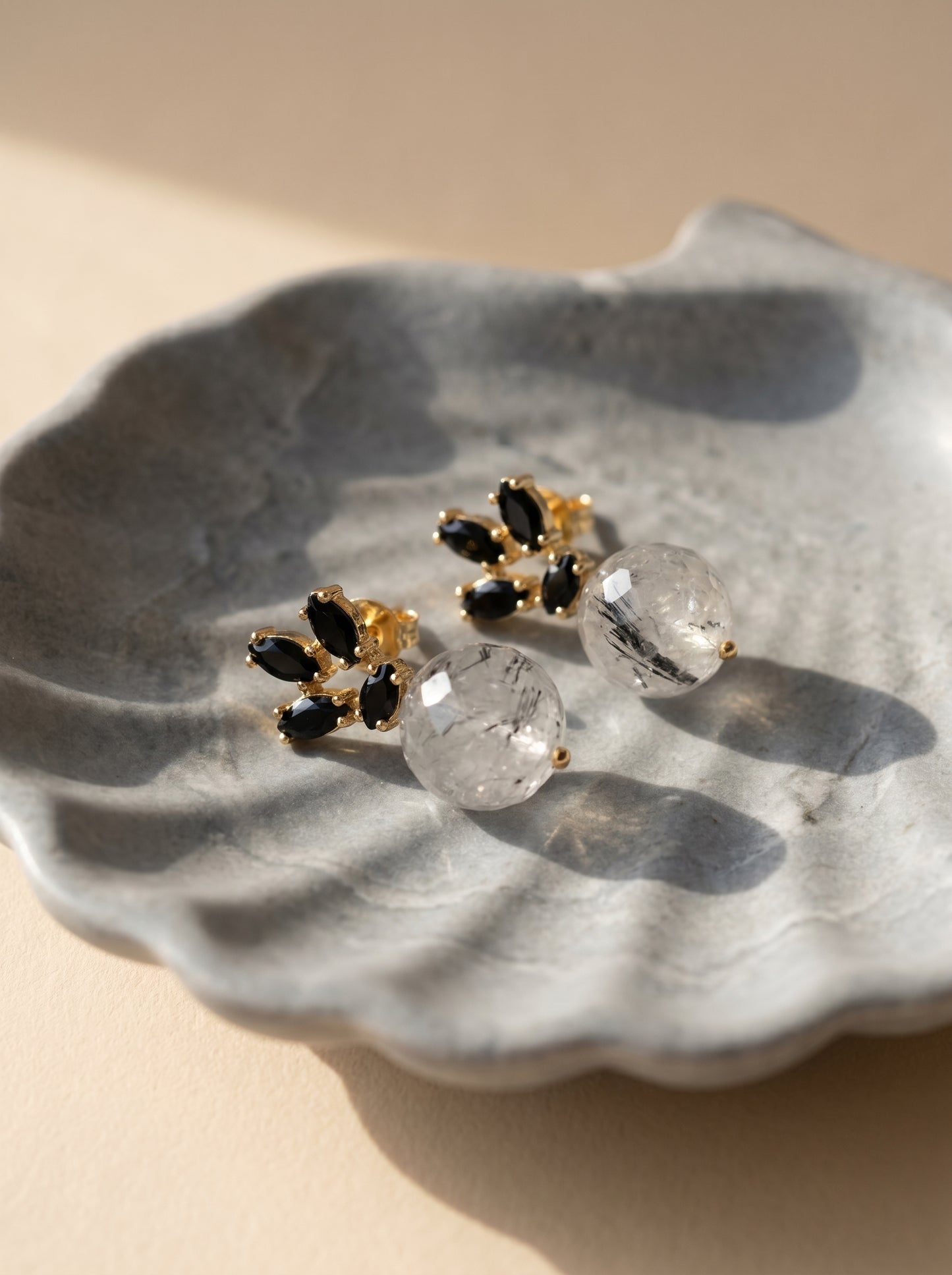 Black rutile quartz drop earrings with marquise stone cluster 