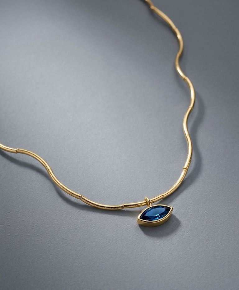 Gold Wave Chain Necklace with Blue Crystal Pendant