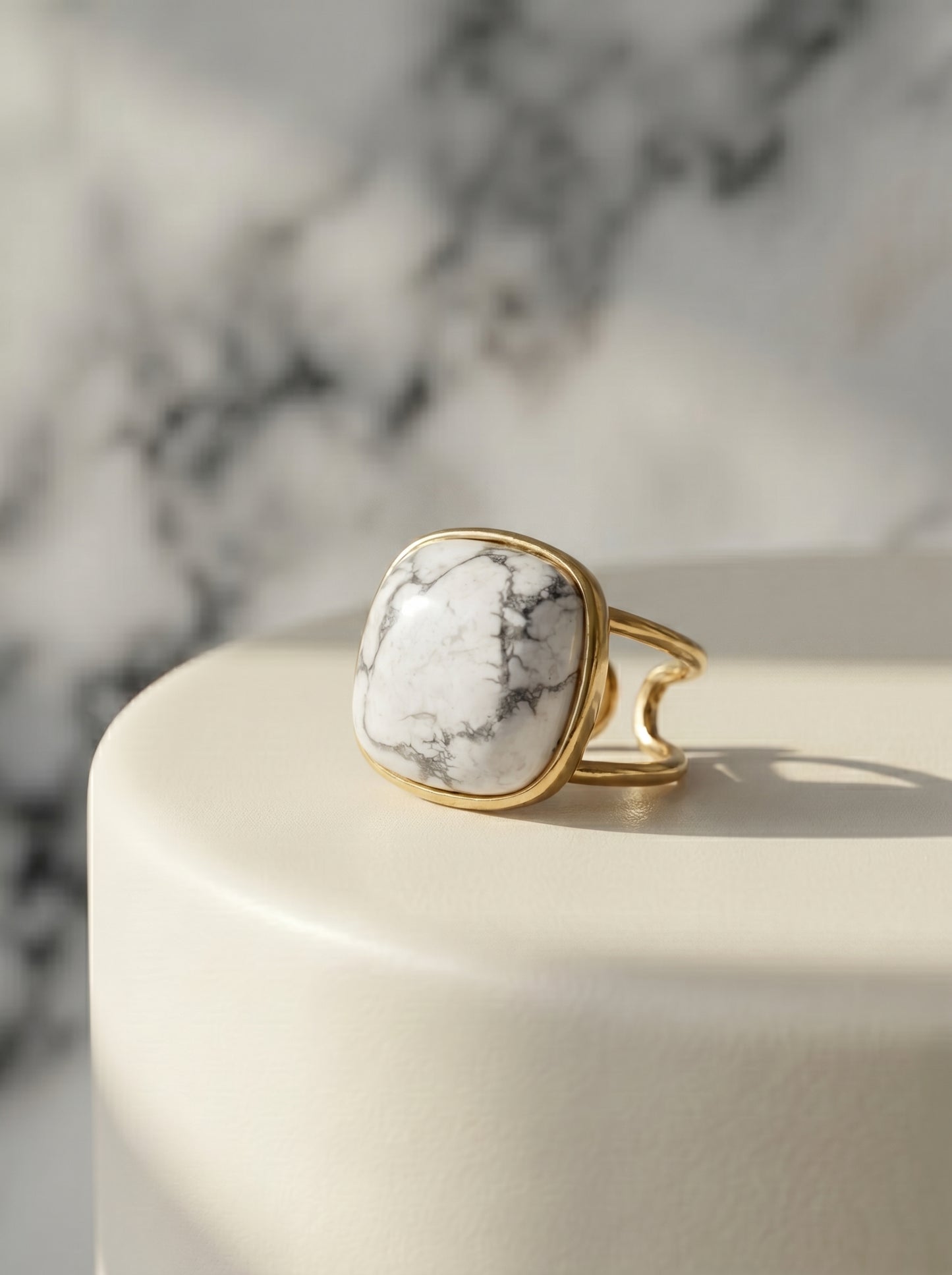 White howlite square cushion-cut statement ring, gold-plated adjustable cuff band — StoneCraft Jewellery