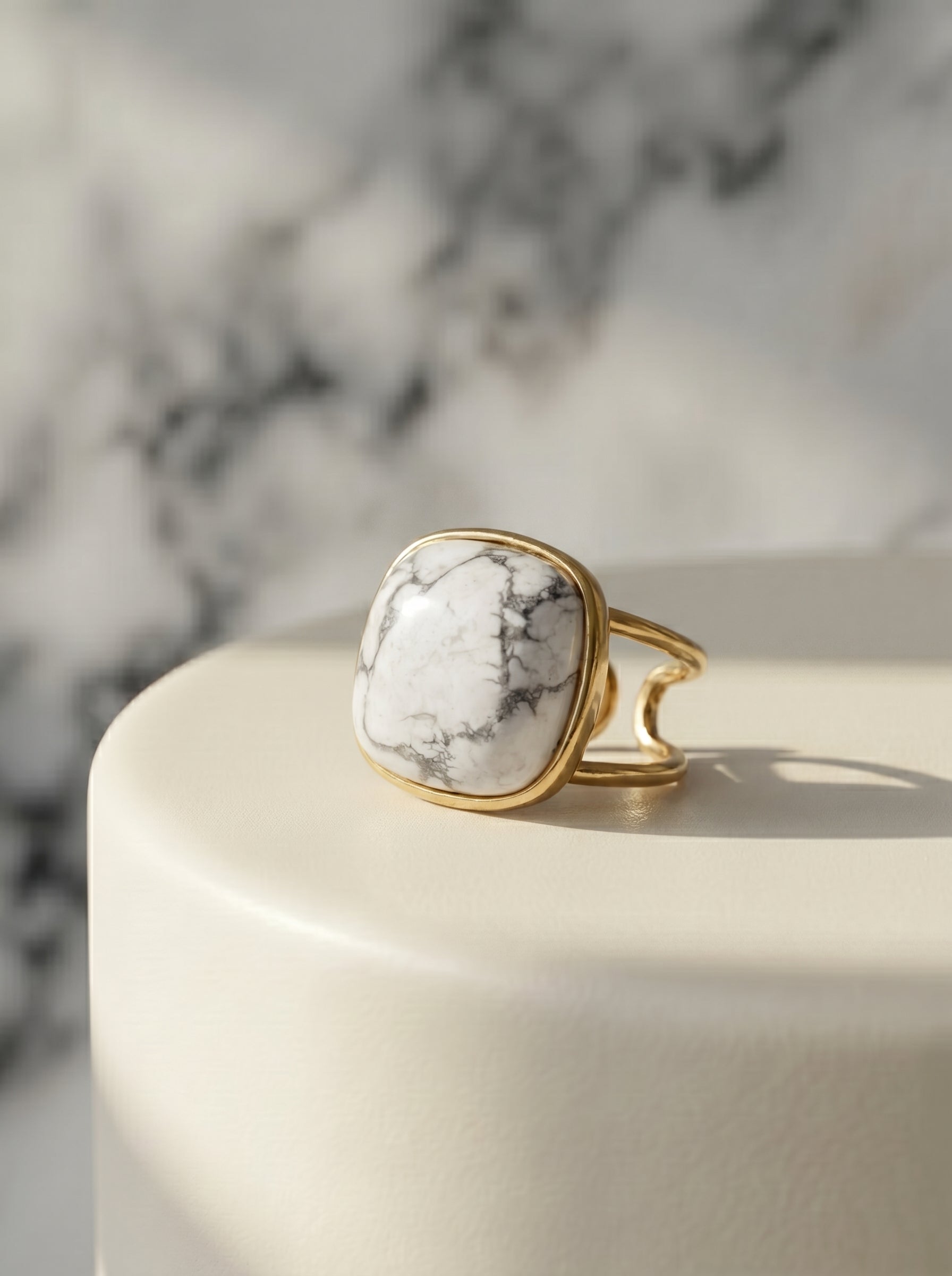 White howlite square cushion-cut statement ring, gold-plated adjustable cuff band — StoneCraft Jewellery