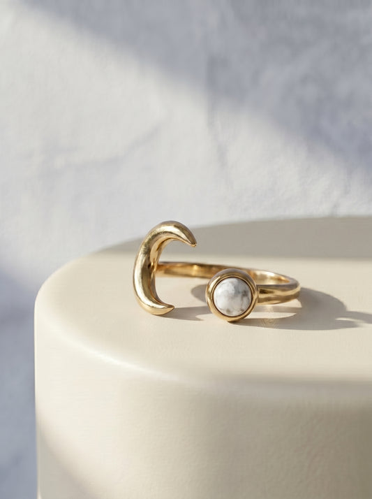 White Howlite Moon Adjustable Ring