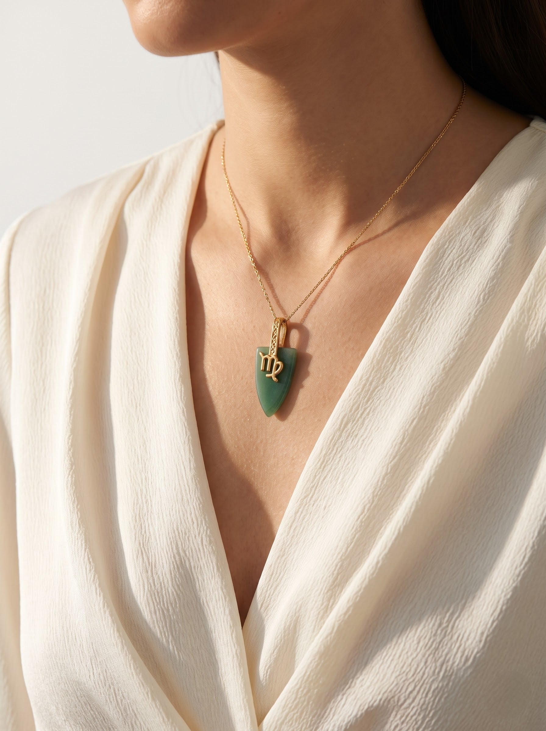 StoneCraft Jewellery green aventurine Virgo zodiac arrowhead pendant necklace displayed on white ceramic block, studio product shot.