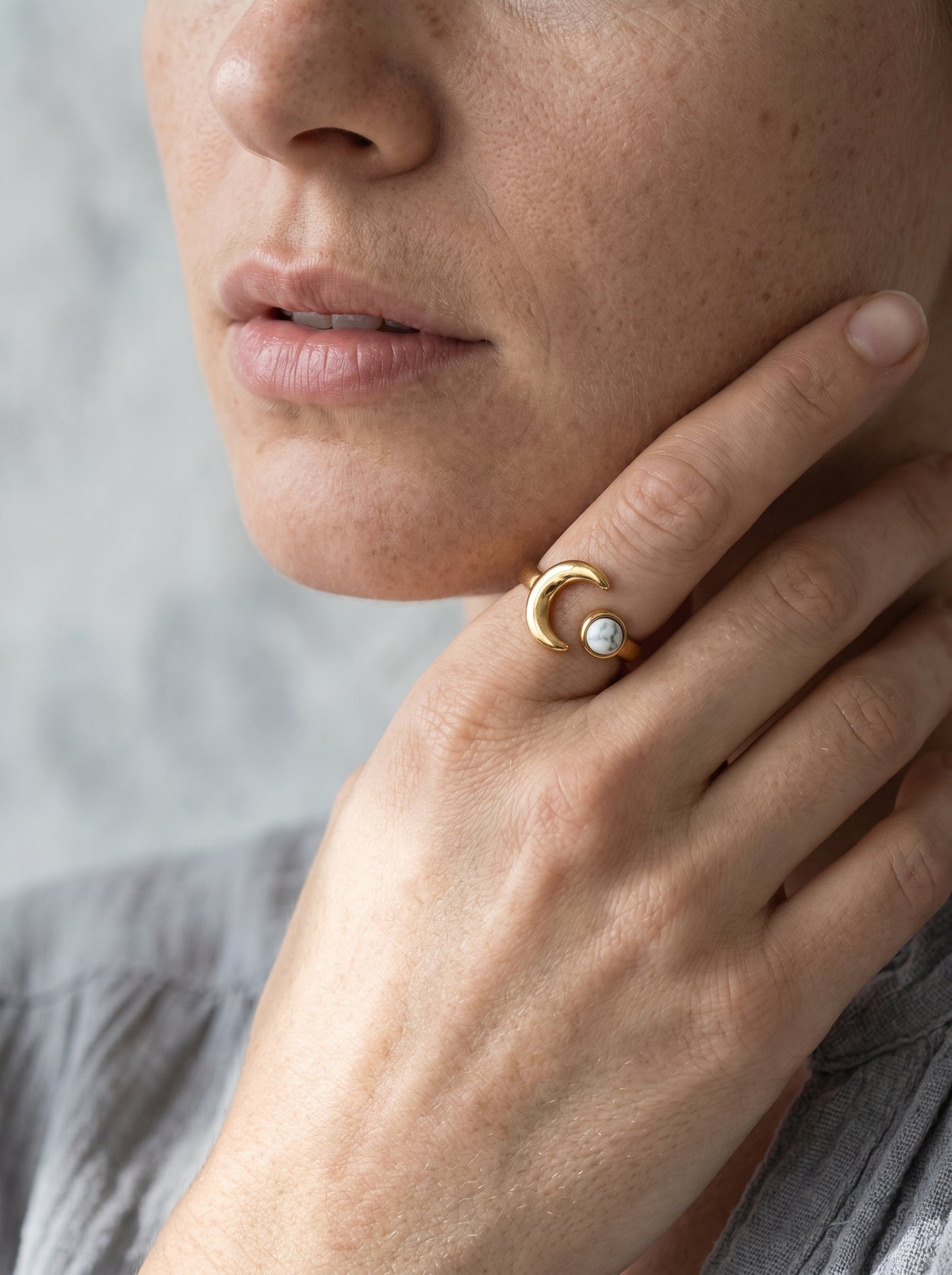 White Howlite Moon Adjustable Ring