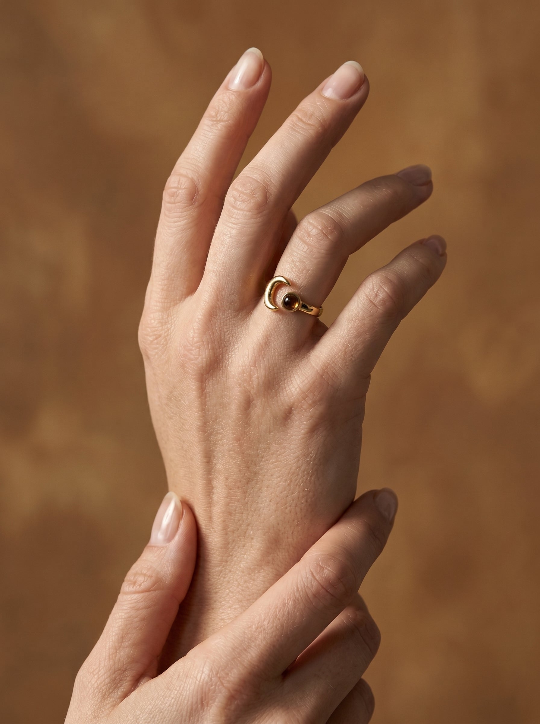 somoky quartz moon adjustable ring
