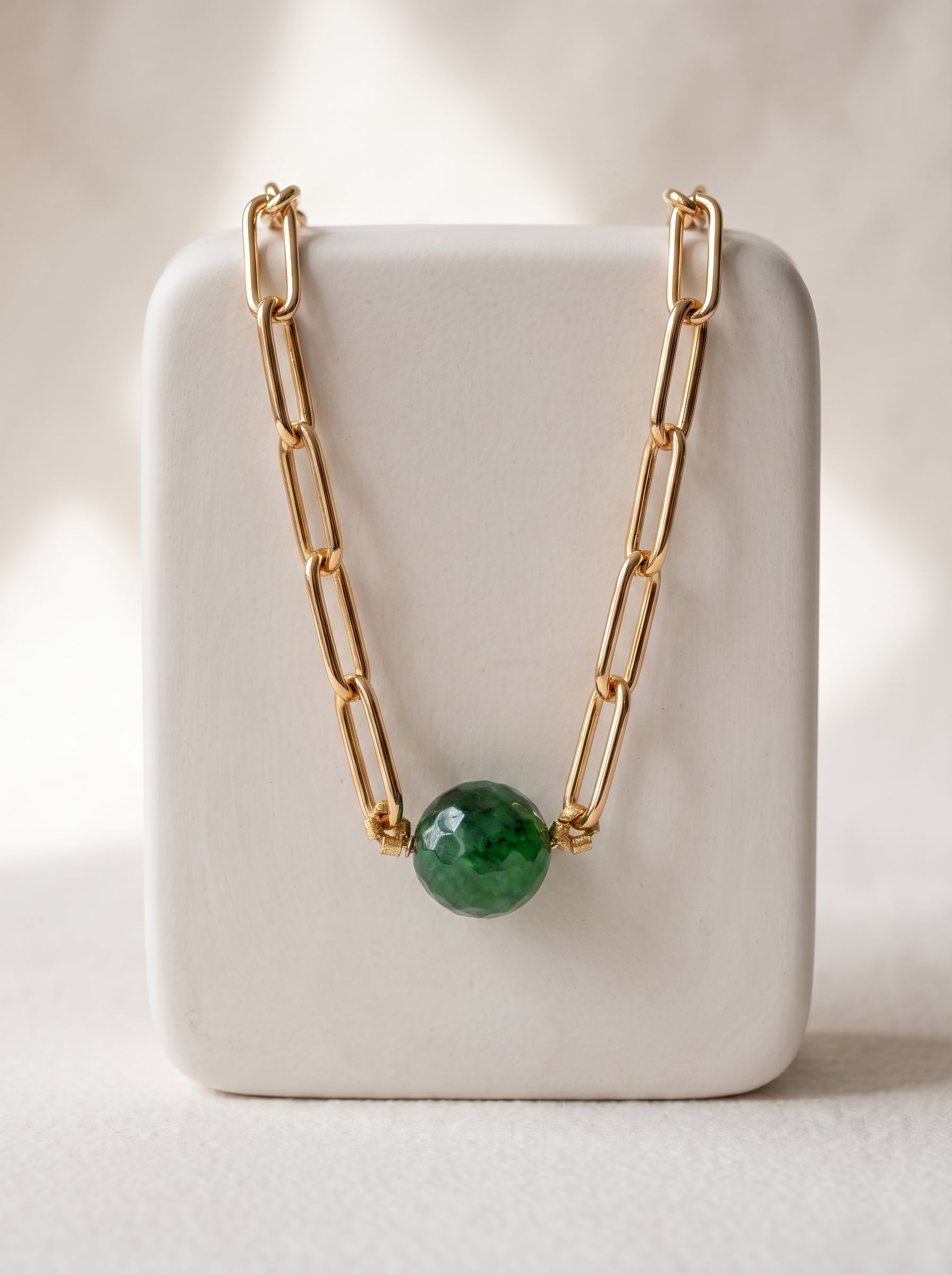 Green Jade Paperclip Chain Necklace worn on model, full length view — StoneCraft Jewellery