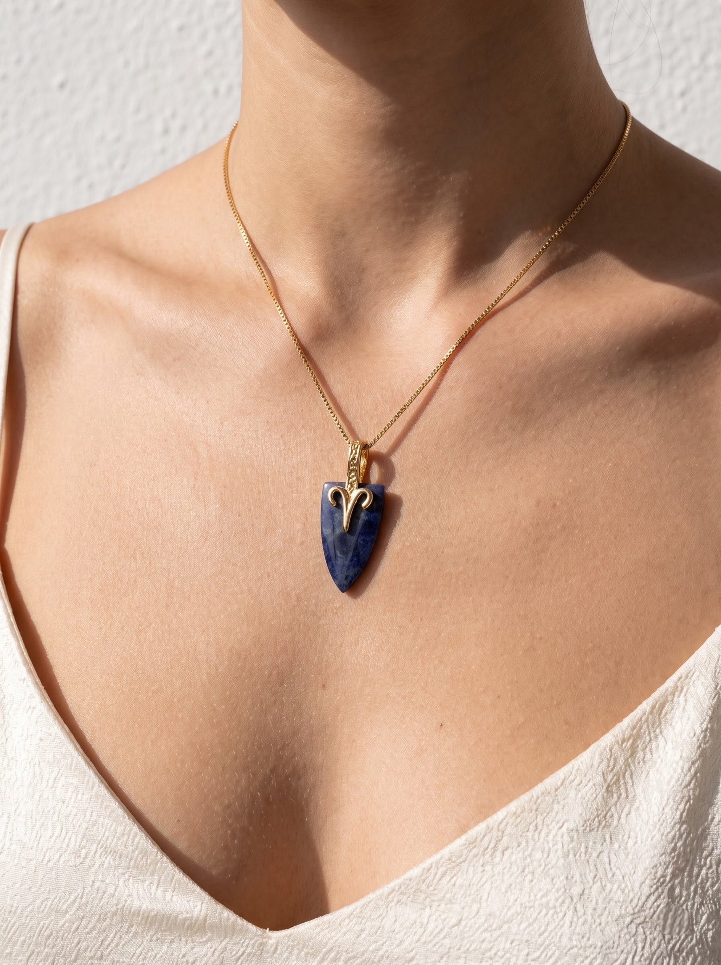 Aries Sodalite Shield Pendant Necklace - Gold Plated