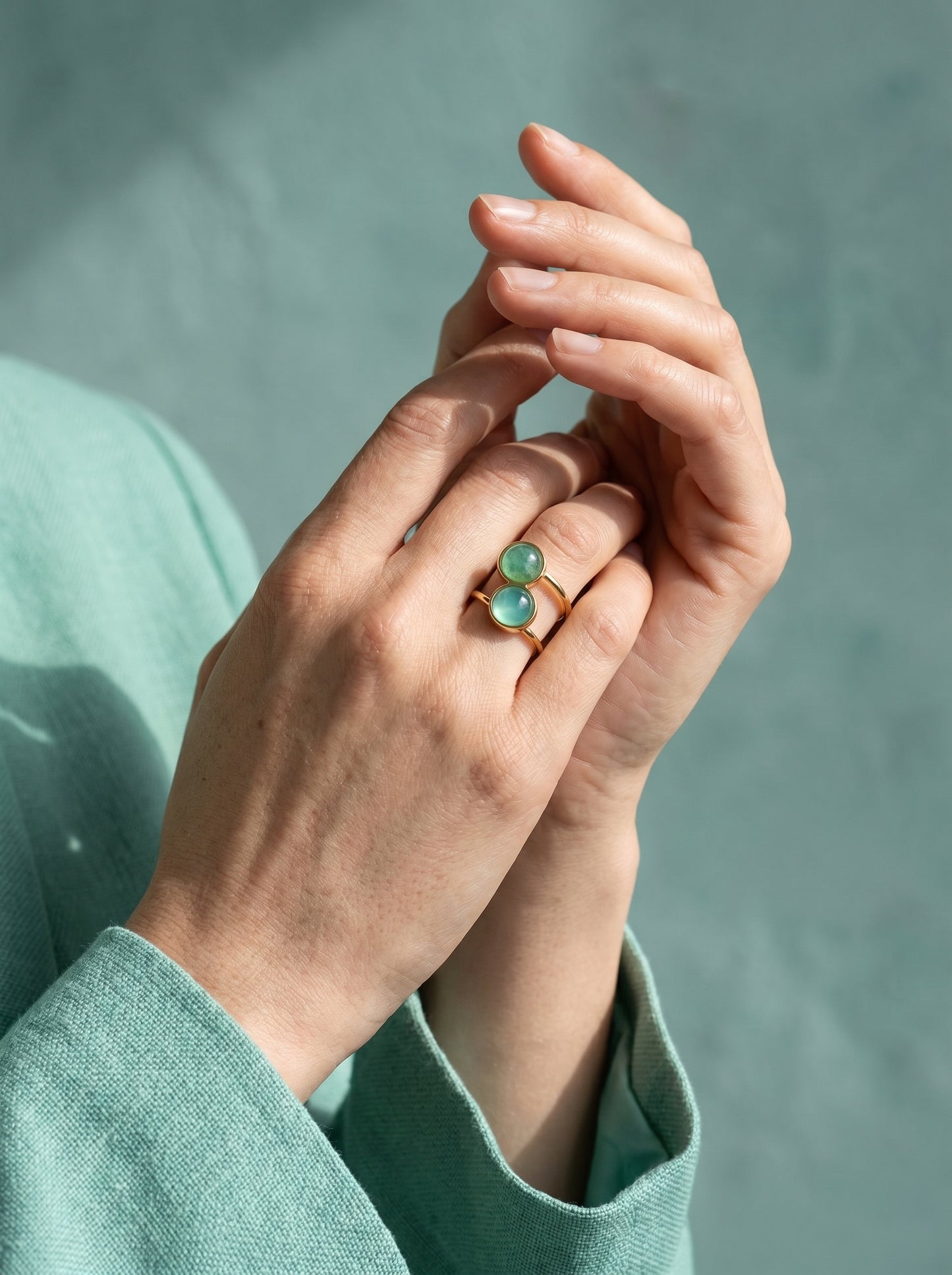 Dual Stone Cuff Ring - Green Agate, Green Quartz