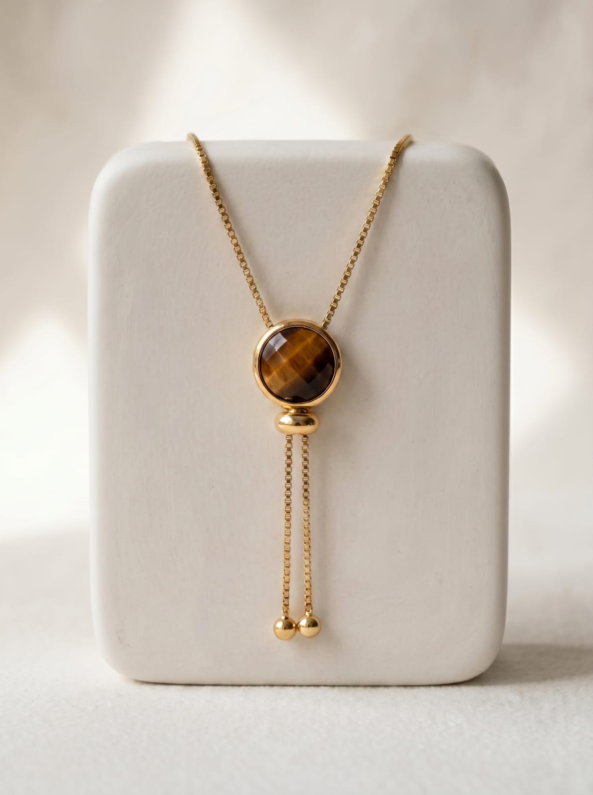 
Tiger's eye lariat reversible necklace, gold-plated chain with genuine chatoyant stone pendant