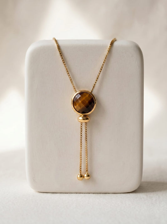 
Tiger's eye lariat reversible necklace, gold-plated chain with genuine chatoyant stone pendant