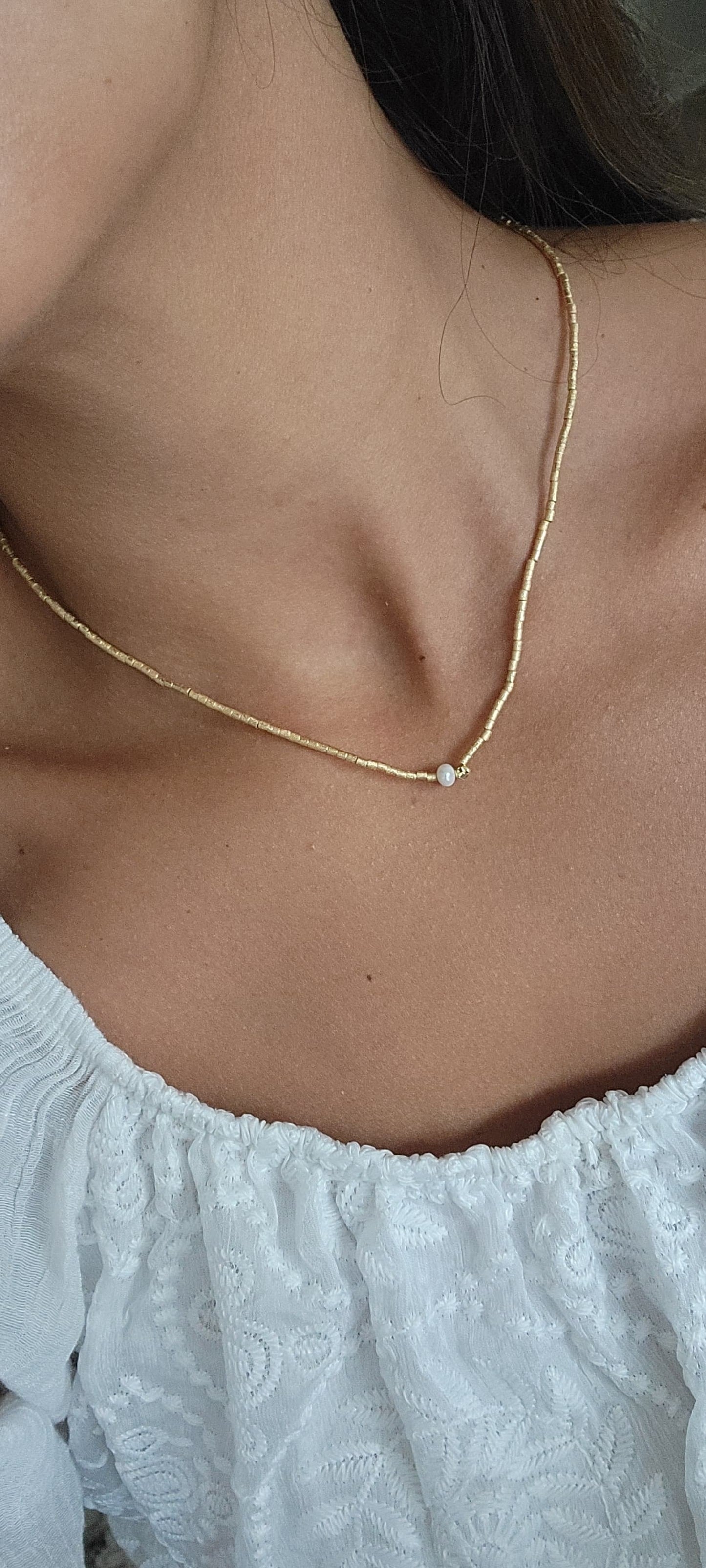Gold Beaded Necklace with Pearl Pendant