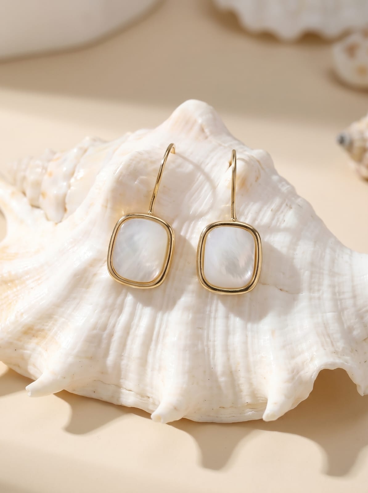 Mother of pearl rectangle hook earrings, gold-plated setting, iridescent natural stone — StoneCraft Jewellery