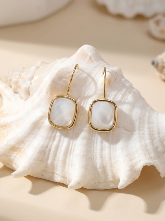 Mother of pearl rectangle hook earrings, gold-plated setting, iridescent natural stone — StoneCraft Jewellery
