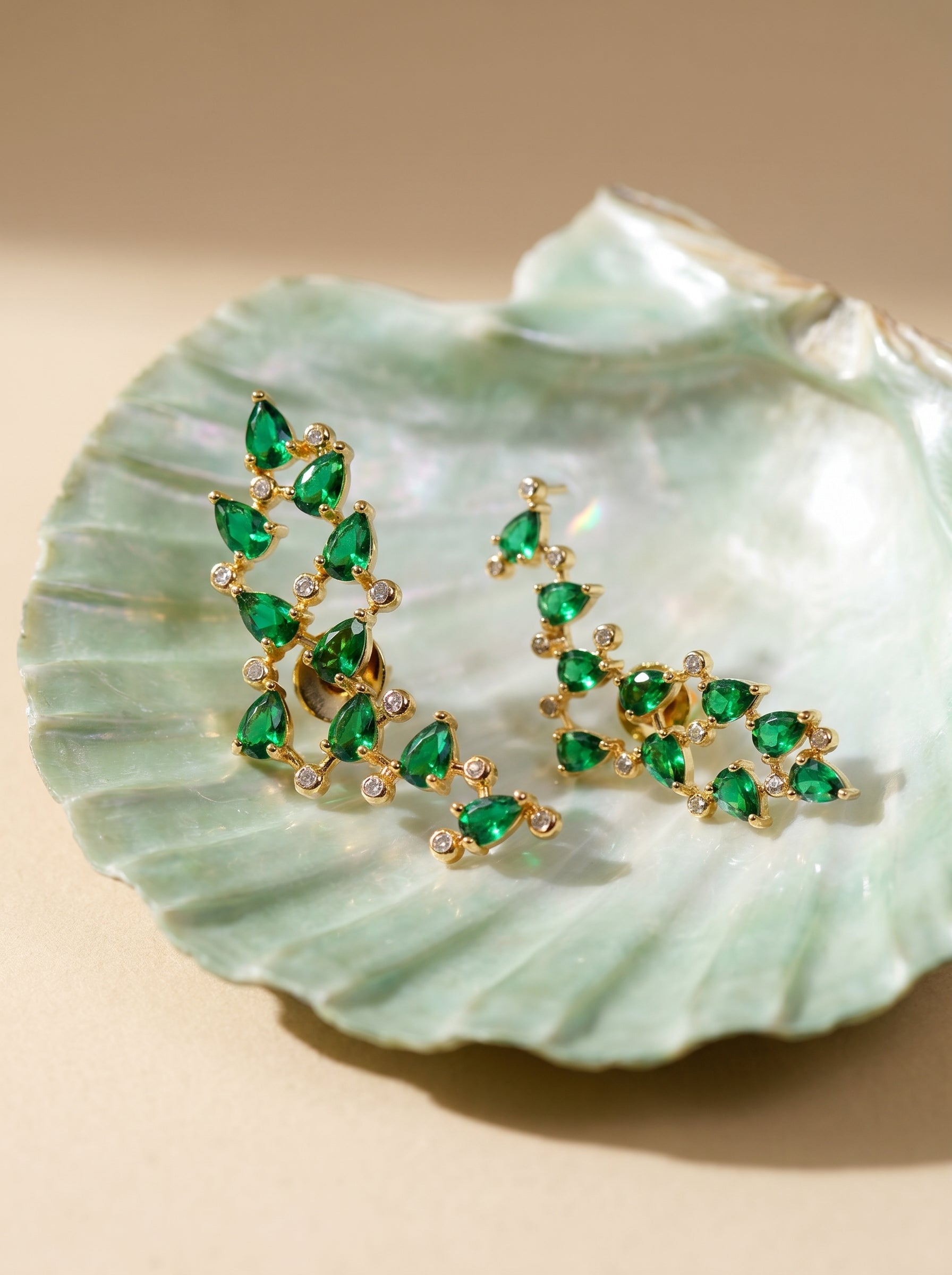 "Green tree branch stud earrings on white background — StoneCraft Jewellery