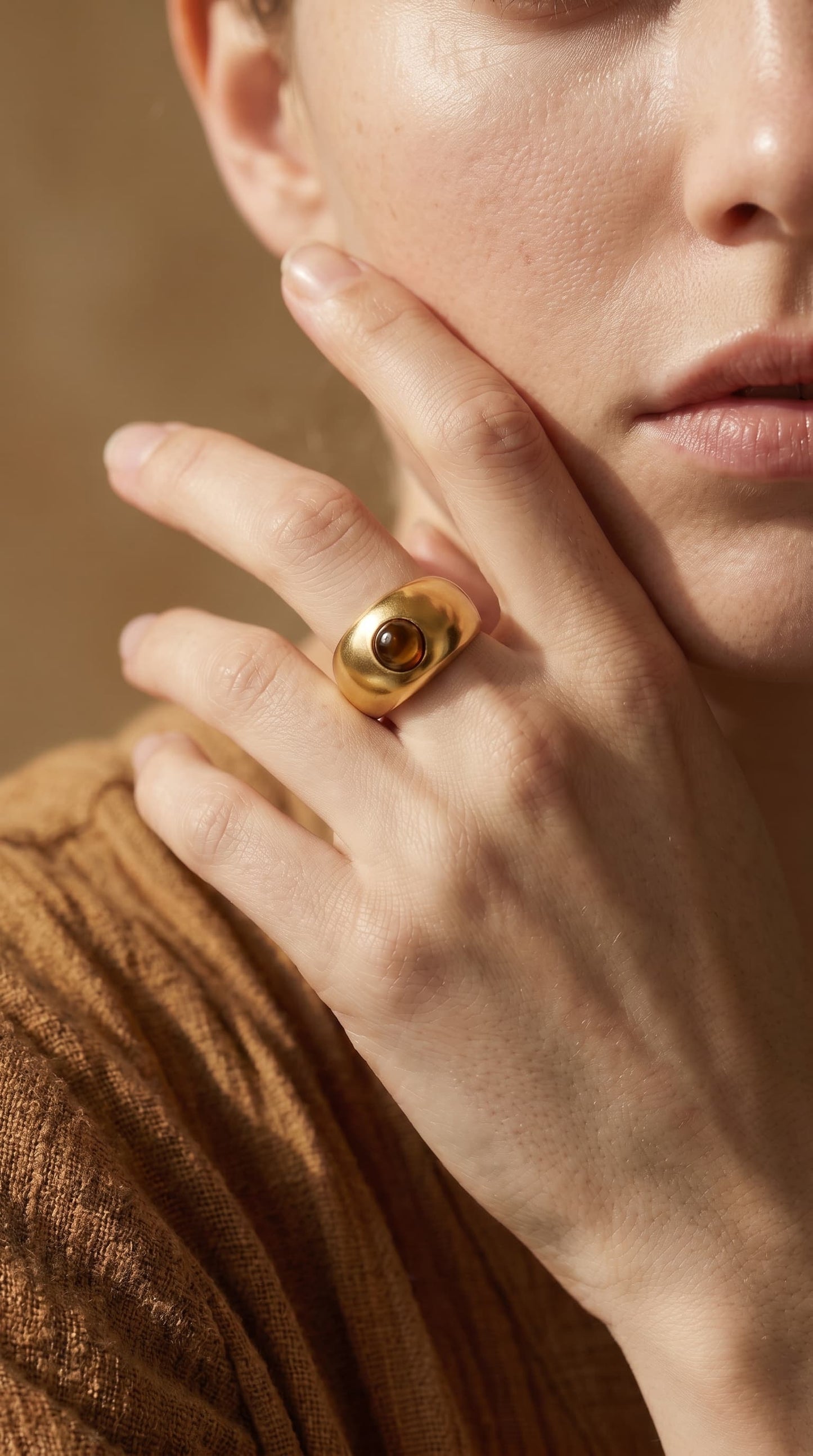 Close-up of model wearing gold-plated tiger's eye dome signet ring on index finger, hand raised near face, wearing a rust-coloured top
