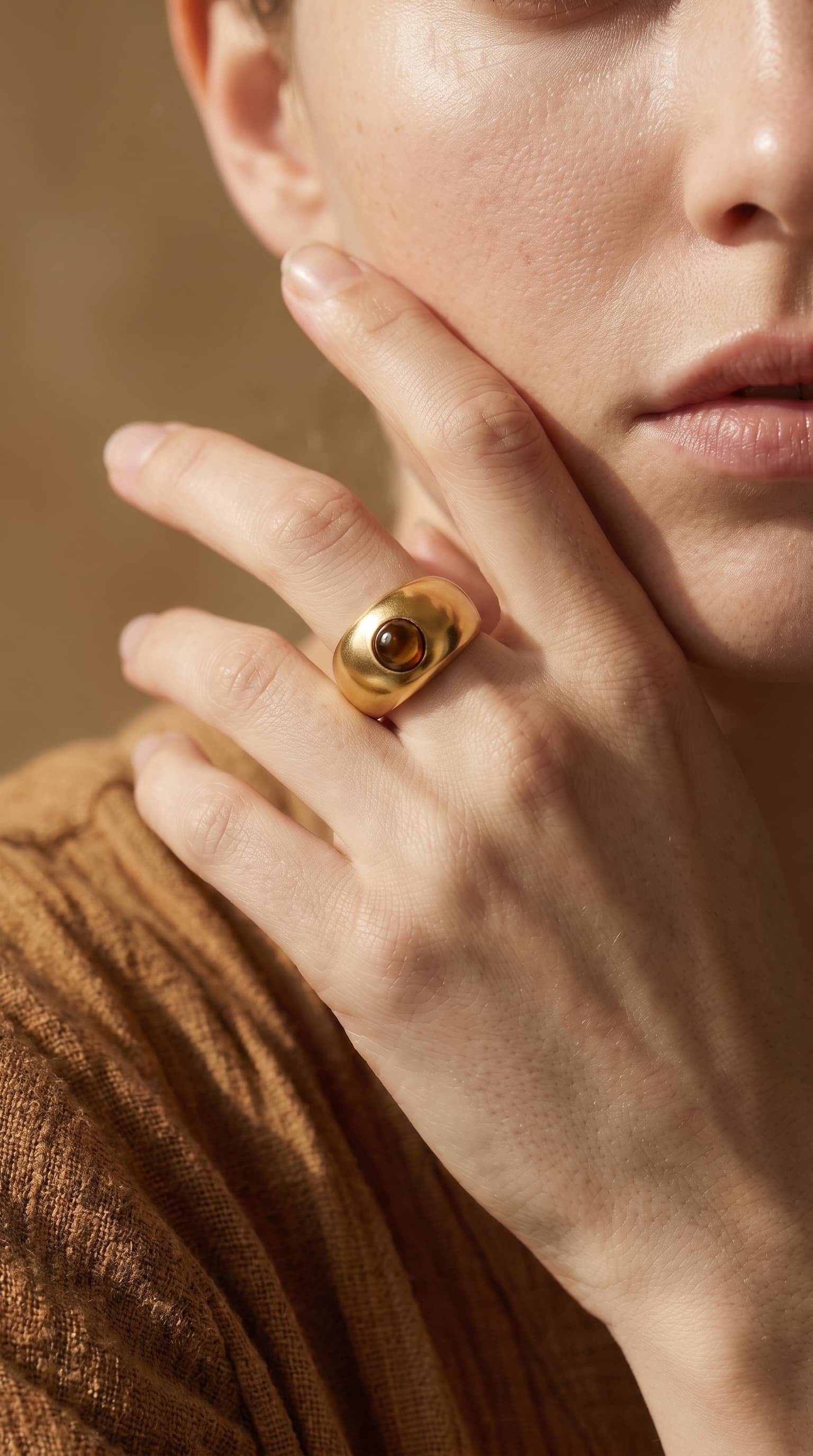 Close-up of model wearing gold-plated tiger's eye dome signet ring on index finger, hand raised near face, wearing a rust-coloured top