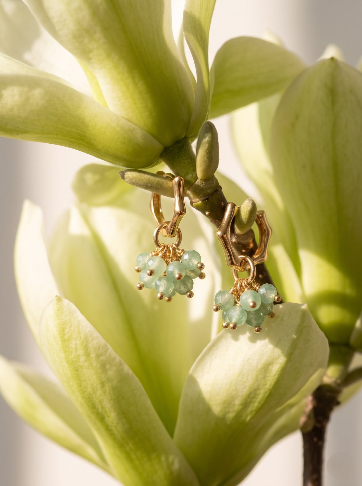 Gold plated dangle earrings with small green faceted aventurine clustered at the bottom, photographed hanging against pale green flower petals.