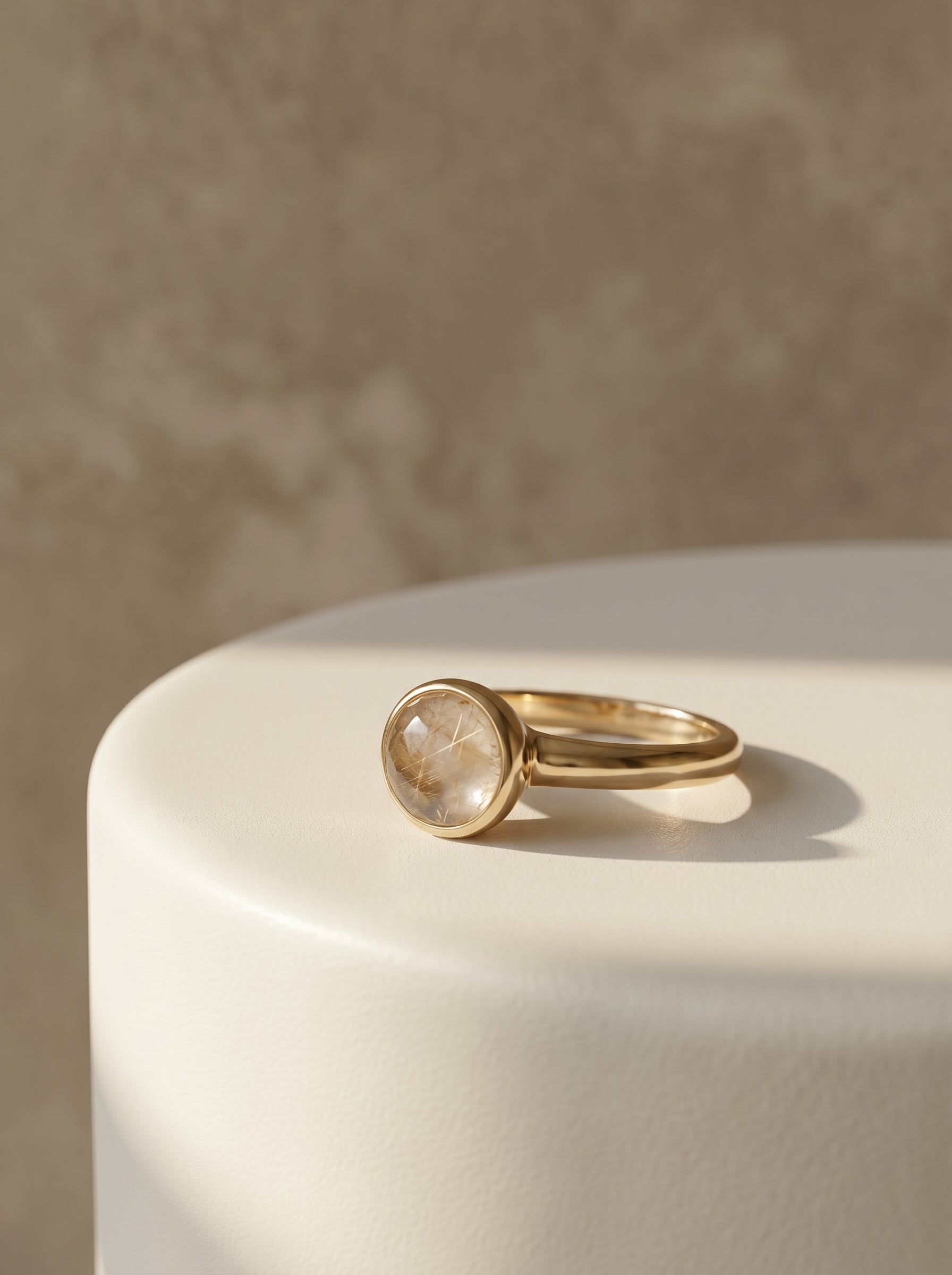 A gold ring with a bezel-set round clear gemstone, displayed on a white cylindrical pedestal against a textured beige background.