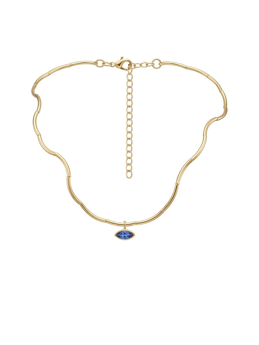 Gold Wave Chain Necklace with Blue Crystal Pendant