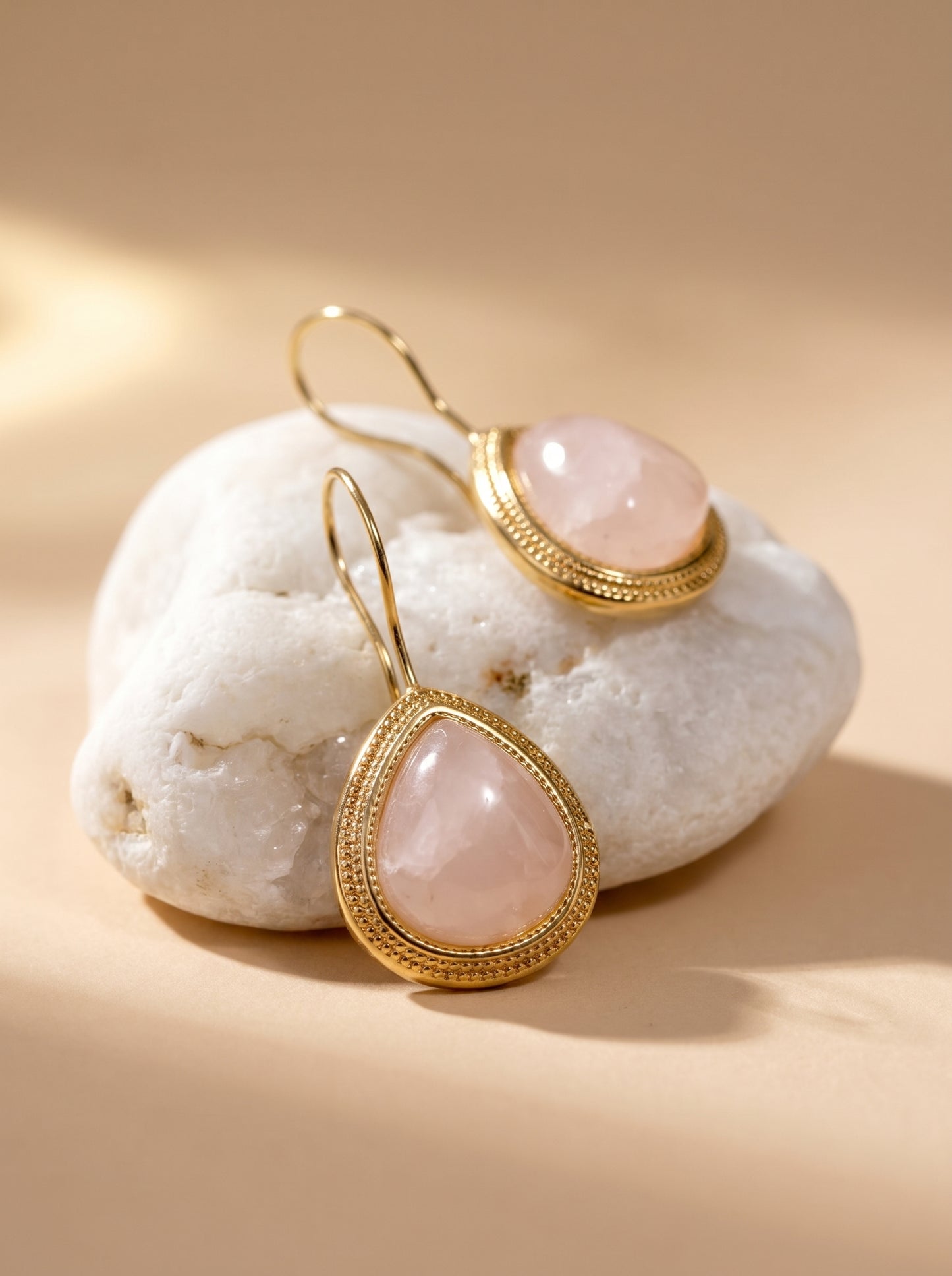 Rose Quartz Ornate Hook Earrings