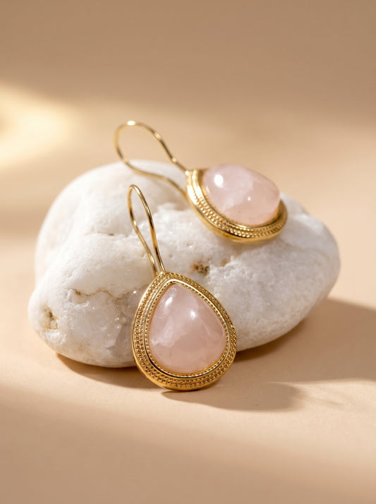 Rose Quartz Ornate Hook Earrings