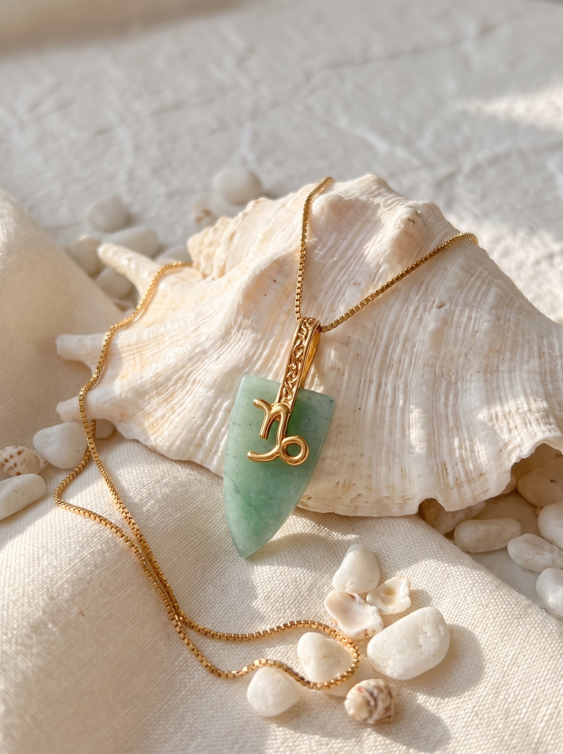 Capricorn agate pendant necklace with gold-plated box chain laid against a large white shell surrounded by pebbles on white fabric