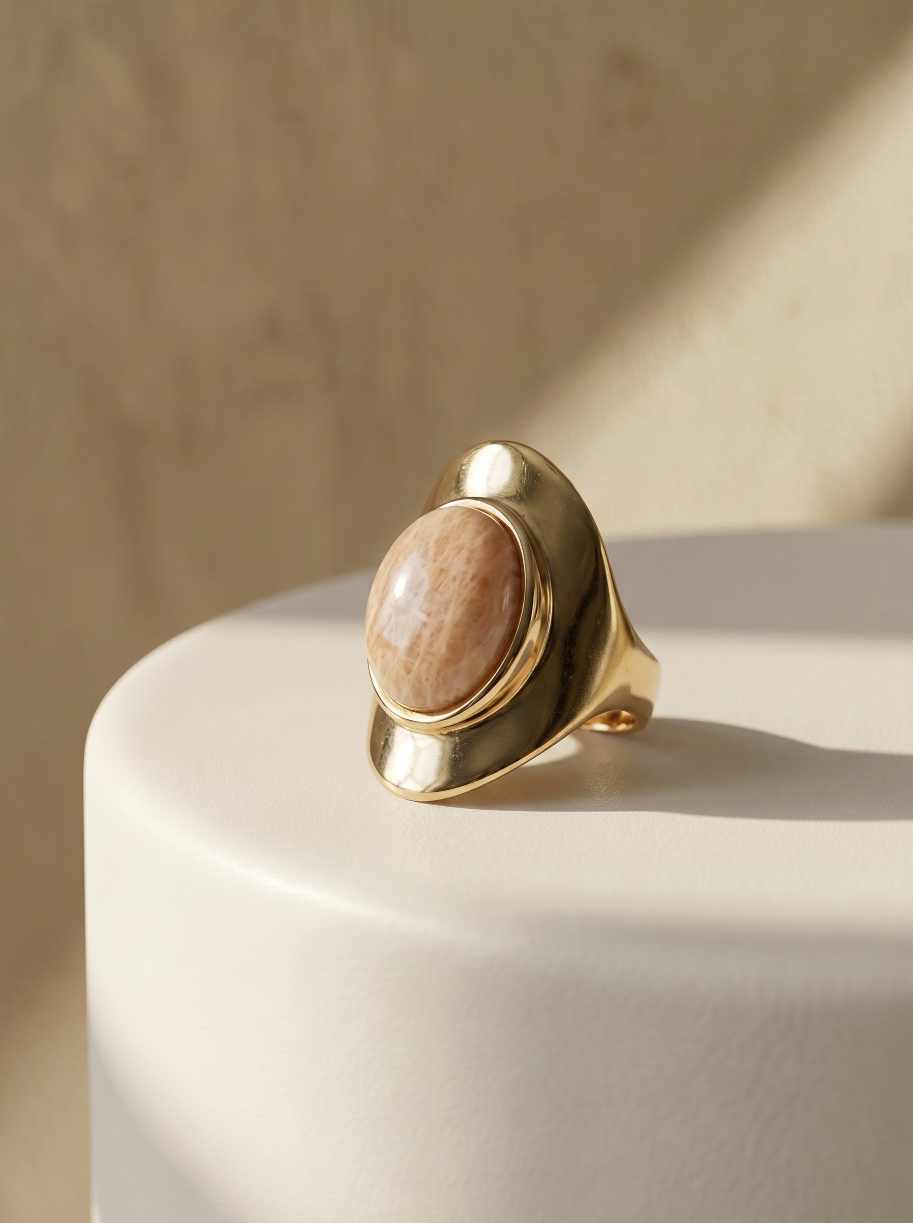 Amazonite beige oval gold plated statement ring
