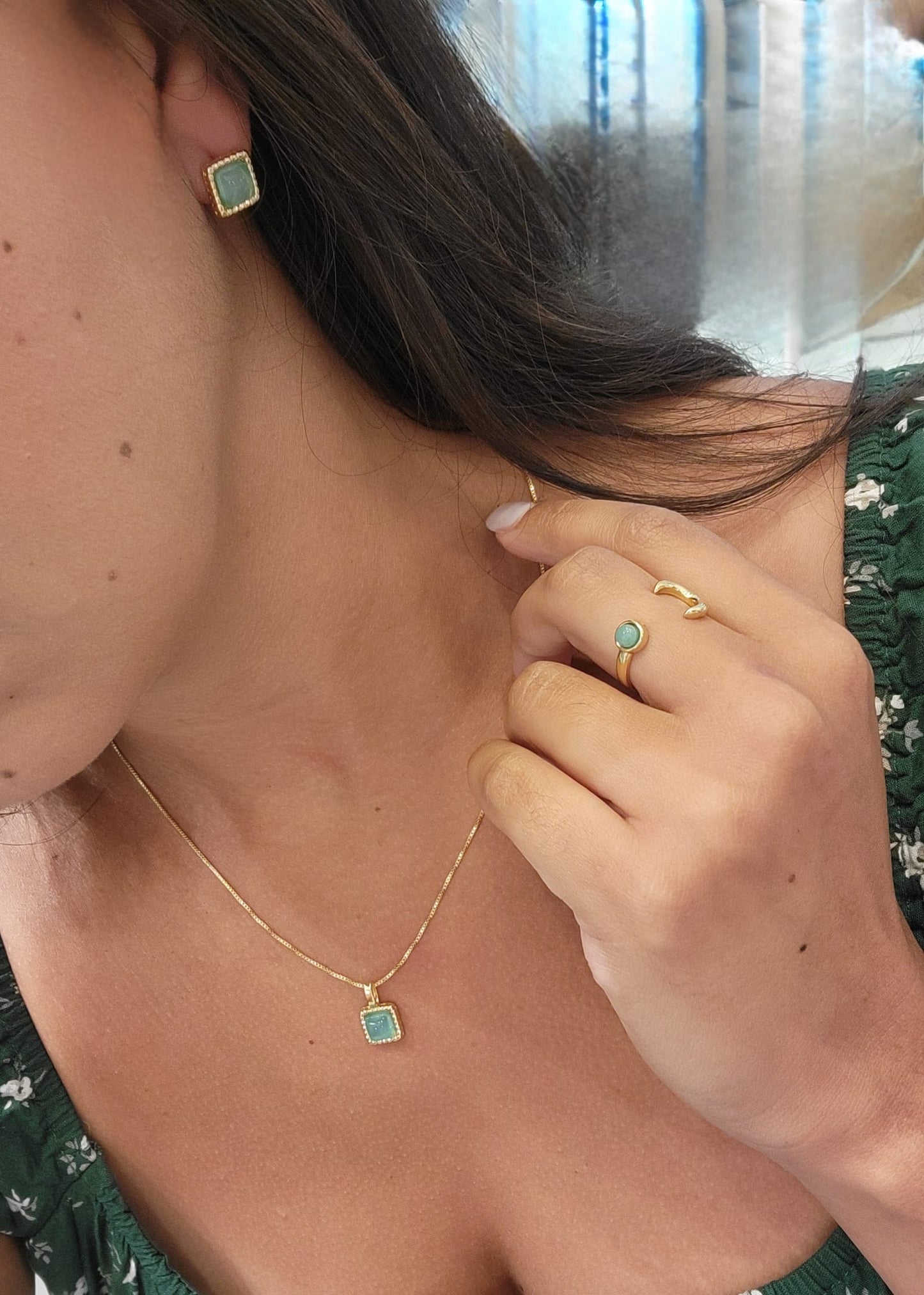 Aqua Agate Necklace and Stud Earring Set
