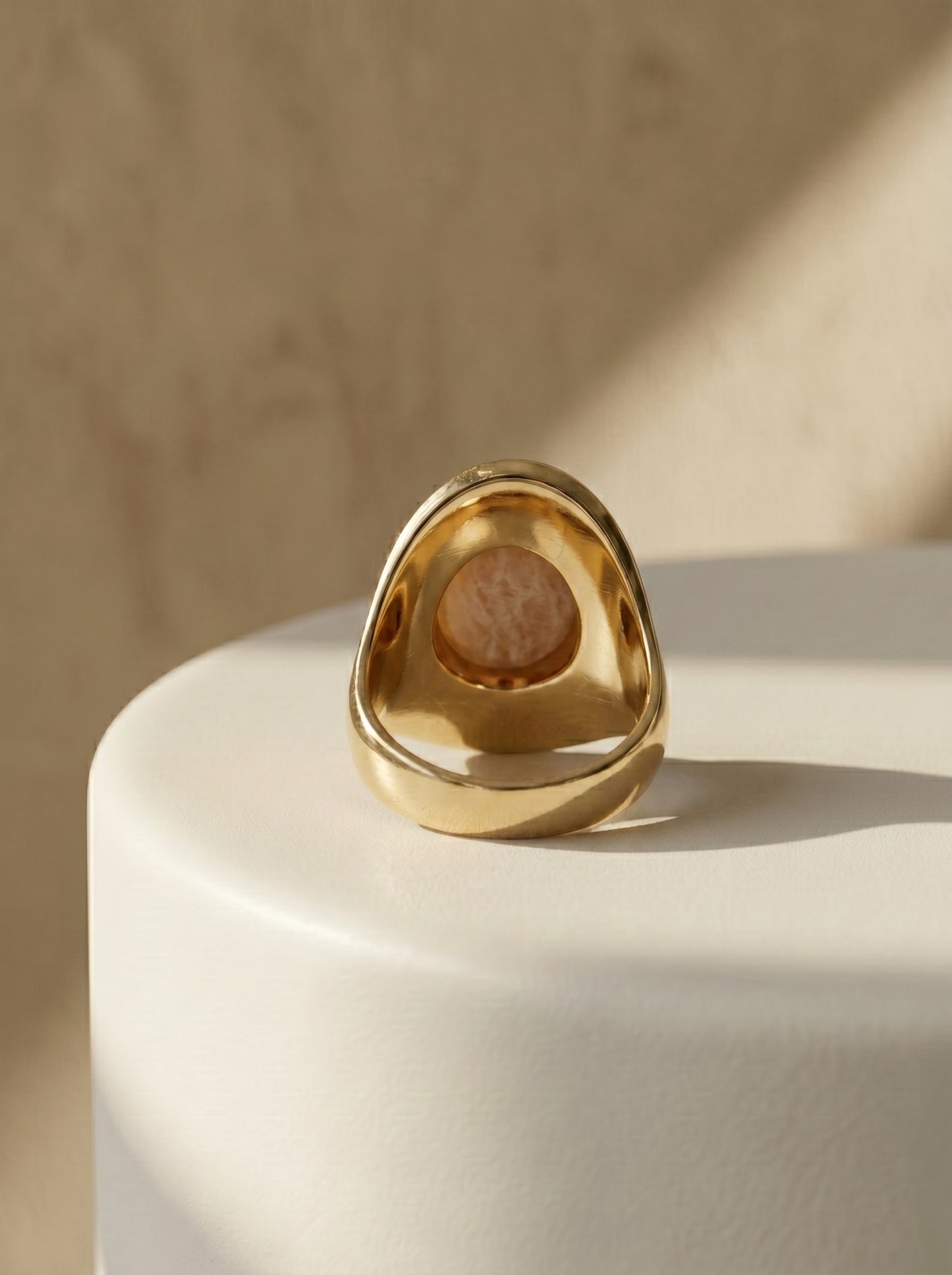 Amazonite beige oval gold plated statement ring