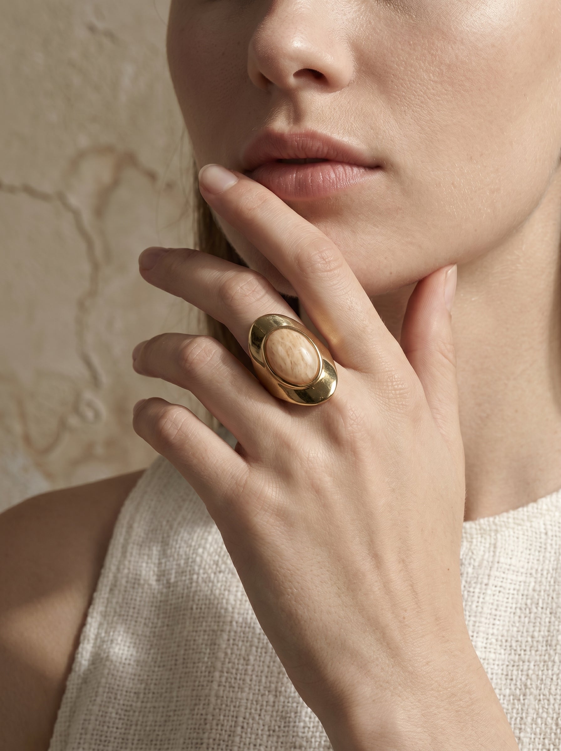 Amazonite beige oval gold plated statement ring