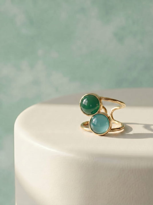 Dual Stone Cuff Ring - Green Agate, Green Quartz