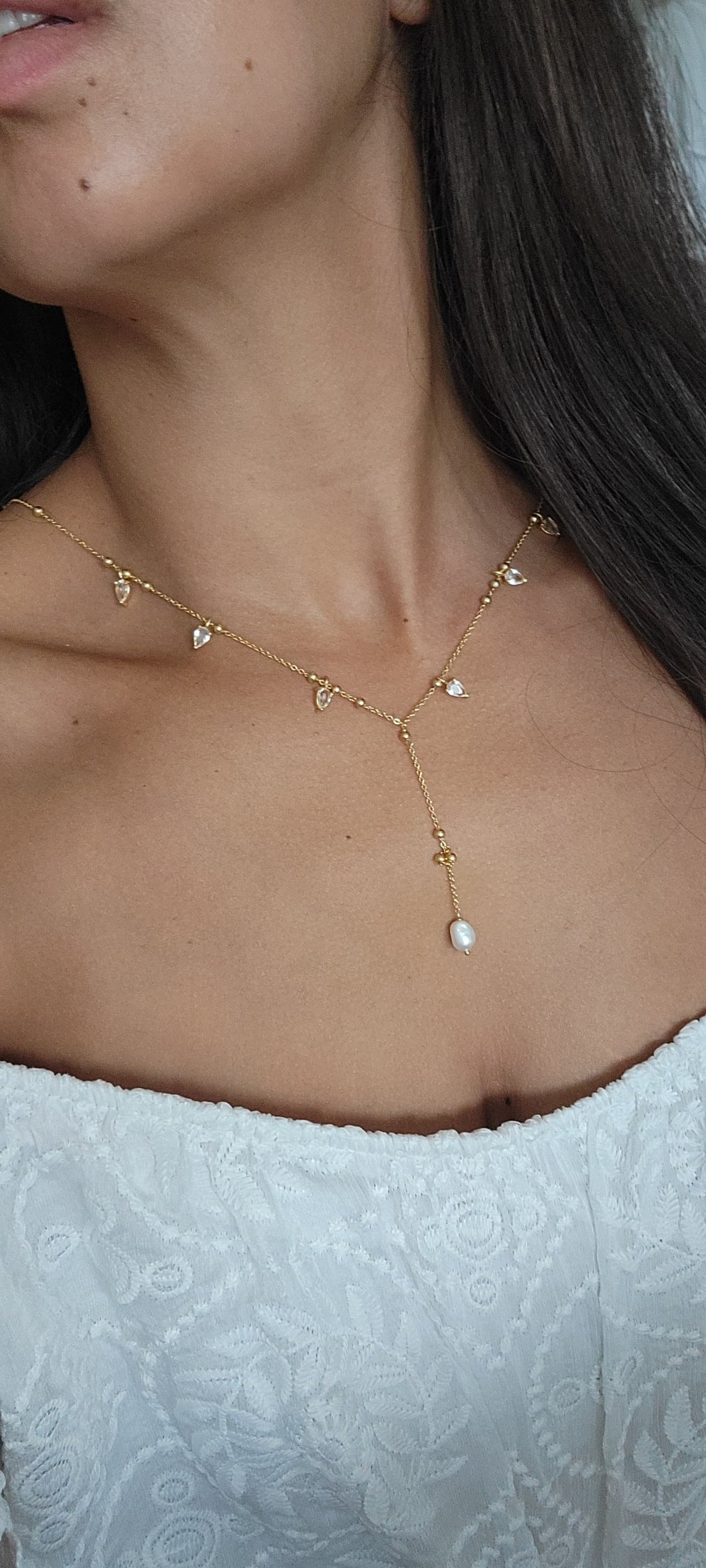 Crystal and Pearl Drop Lariat Necklace