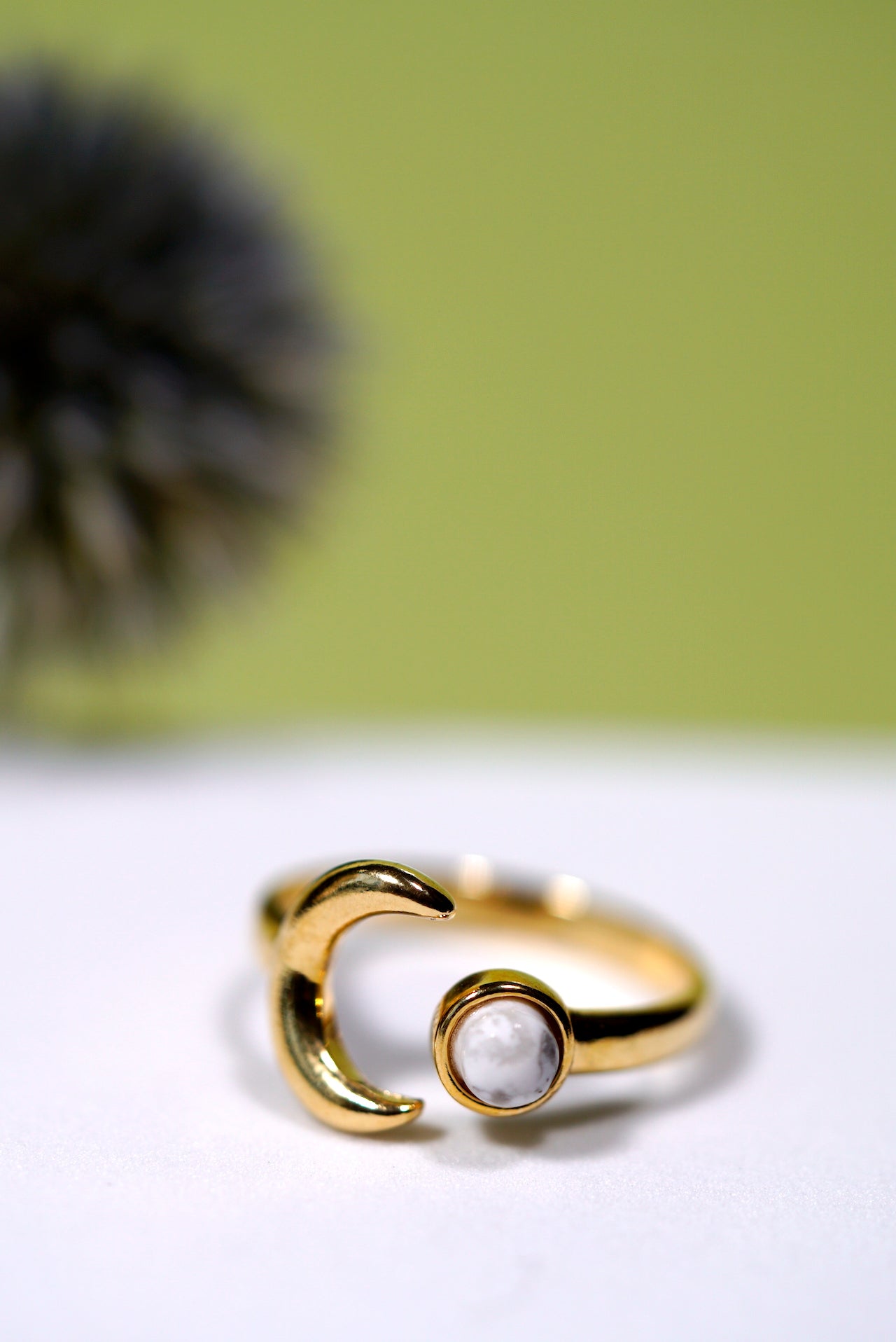 White Howlite Moon Adjustable Ring