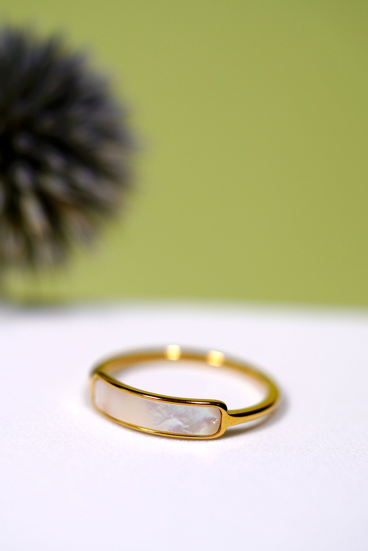 Gold ring with a white shell plaque on a light surface with a green background