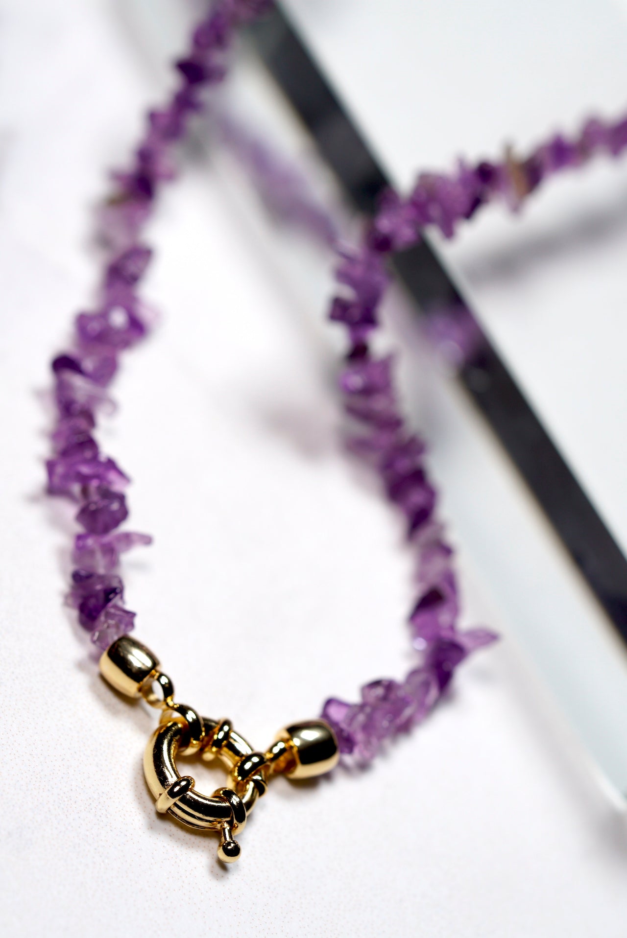Real Amethyst Chip Necklace with Gold Spring Ring Clasp