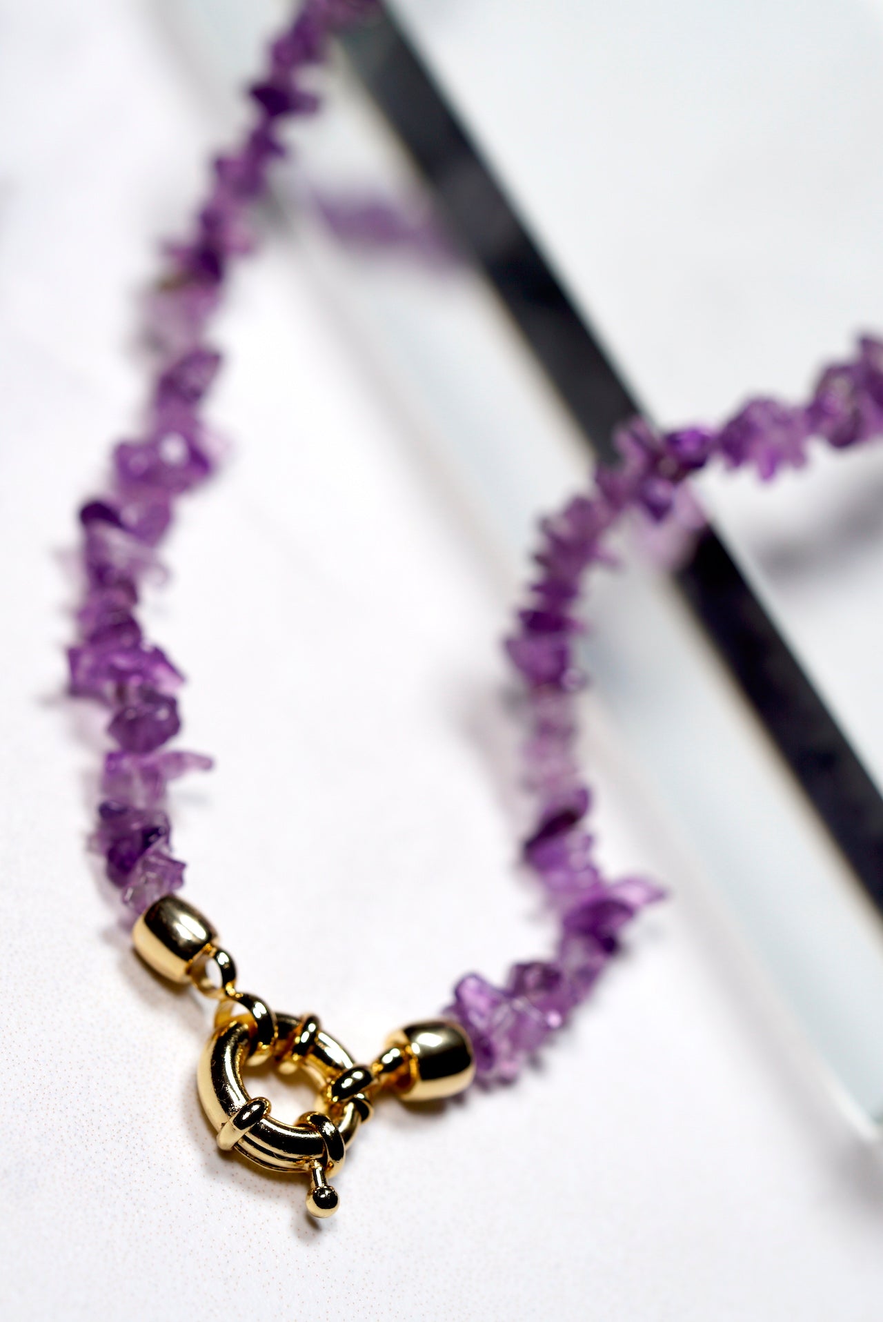 Real Amethyst Chip Necklace with Gold Spring Ring Clasp