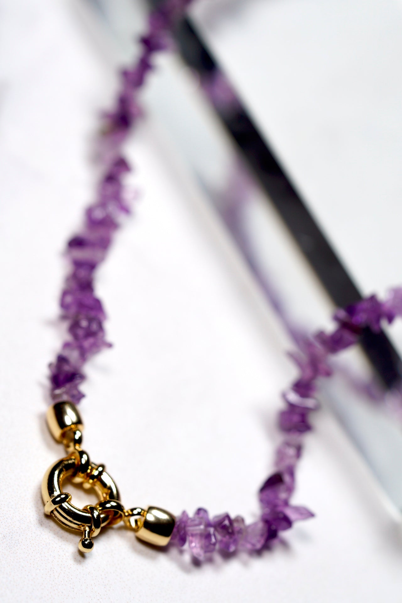 Real Amethyst Chip Necklace with Gold Spring Ring Clasp