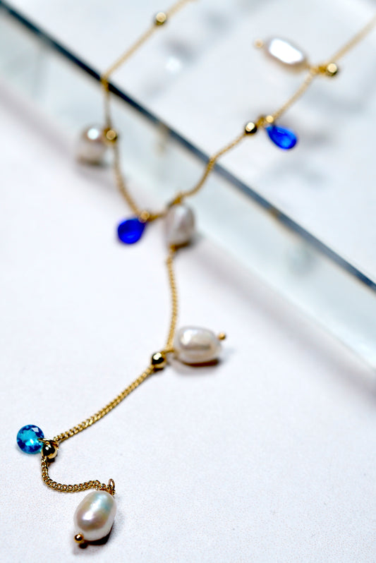 Gold- plated Pearl and Blue beads  and crystal Lariat Necklace