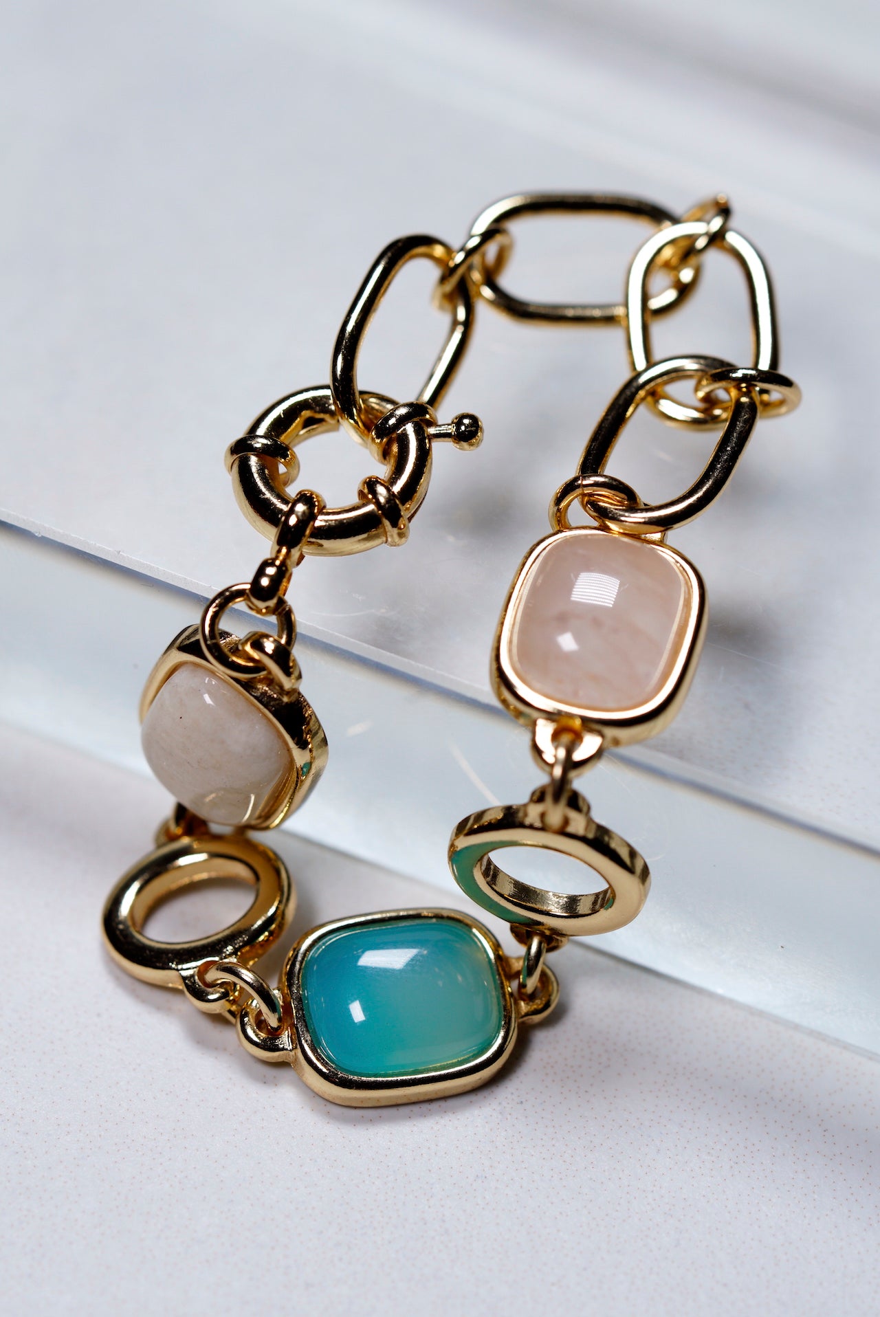 Tri - Stones Bracelet - Rose Quartz, Agate,Beige Amazonite