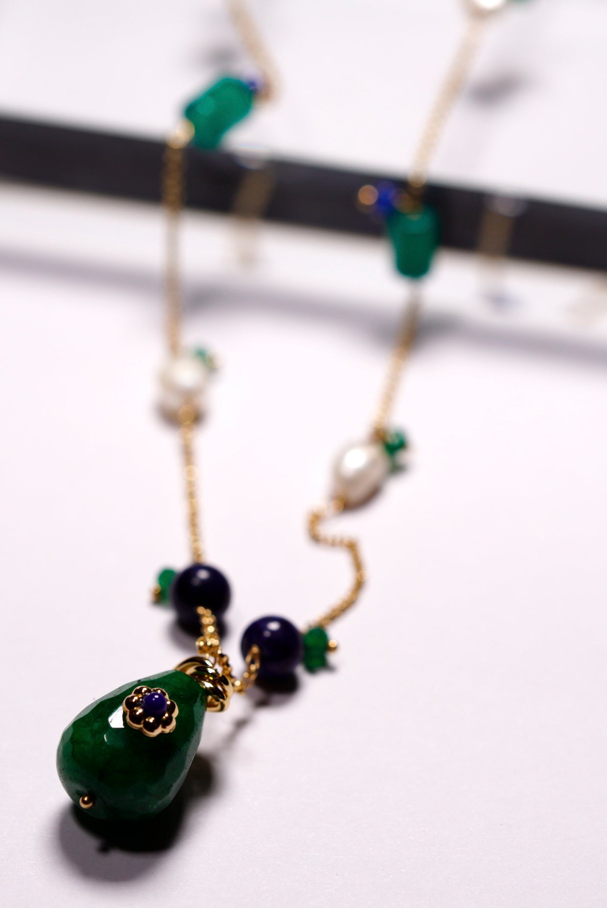 Green Jade and Pearl Long Necklace