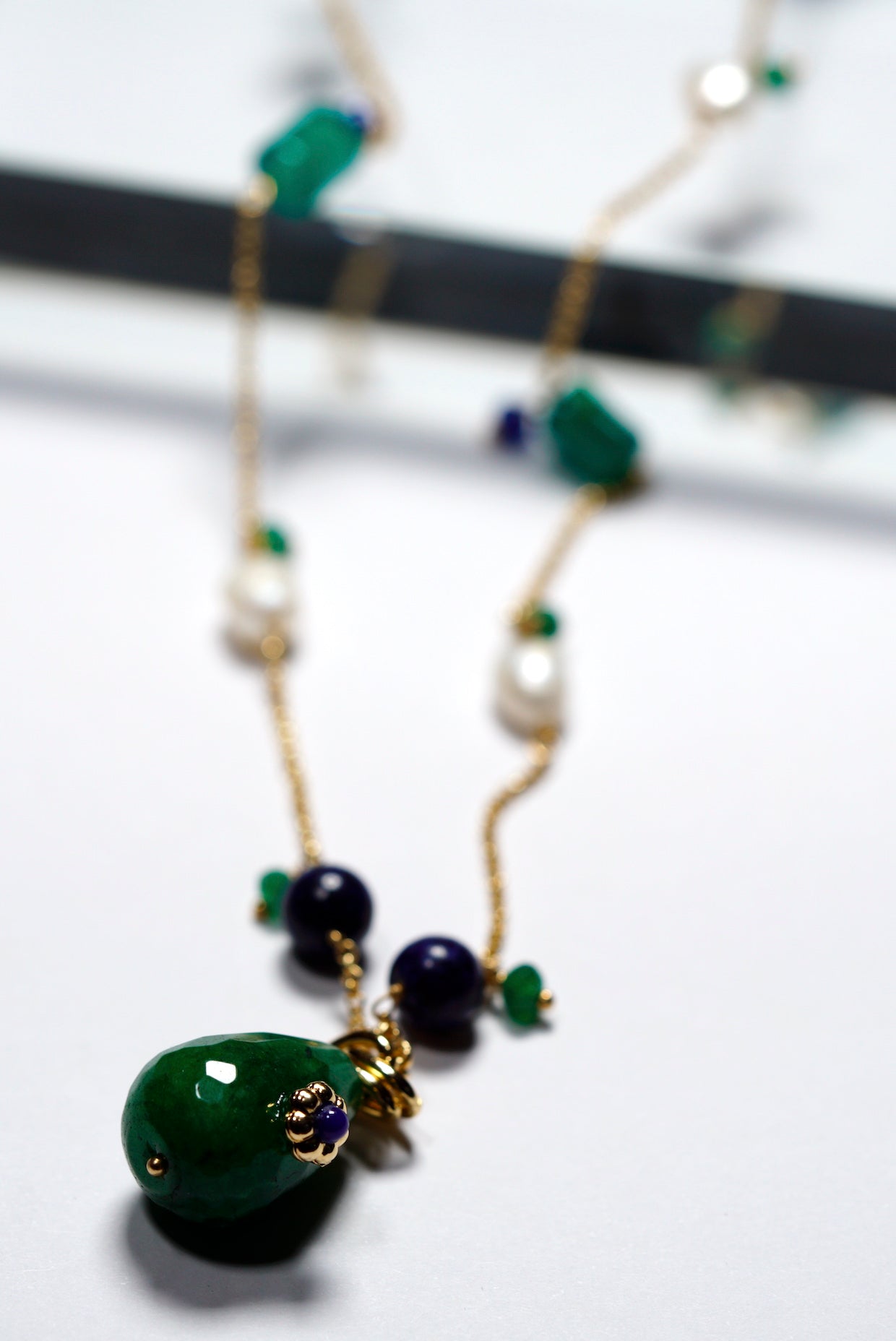 Green Jade and Pearl Long Necklace
