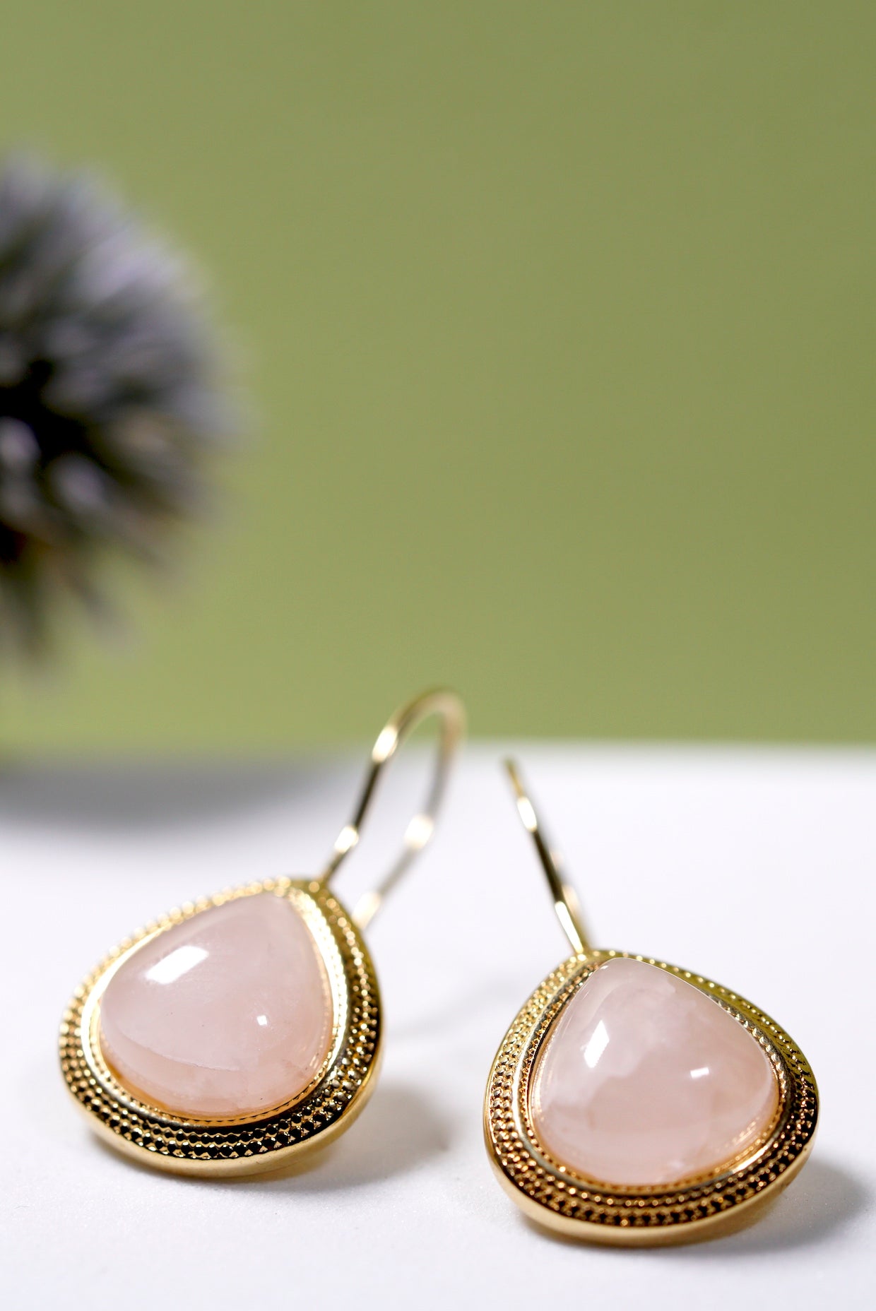 Rose Quartz Ornate Hook Earrings