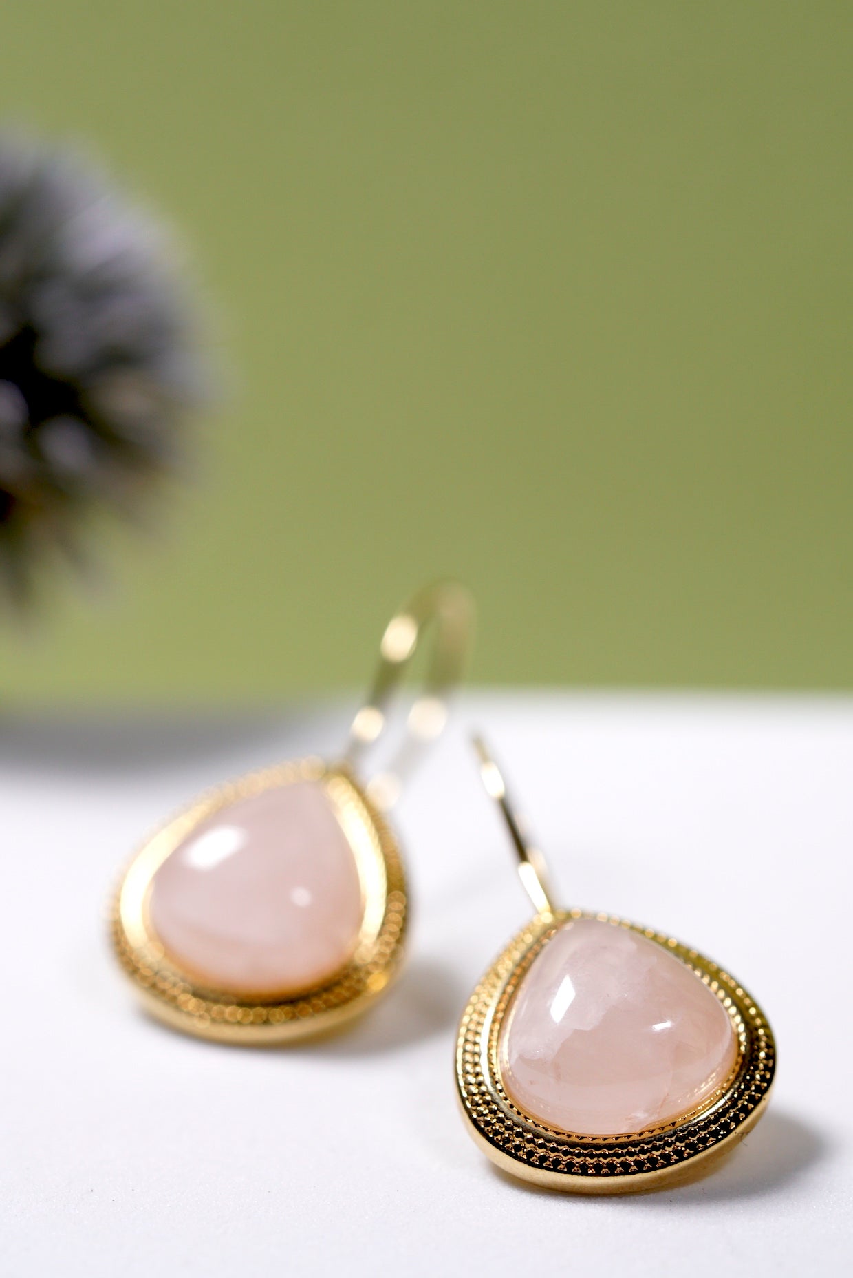 Rose Quartz Ornate Hook Earrings