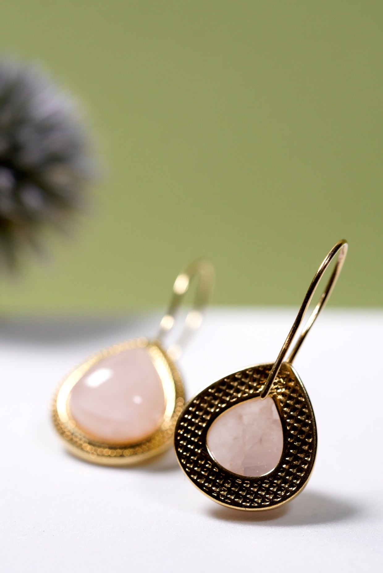 Rose Quartz Ornate Hook Earrings