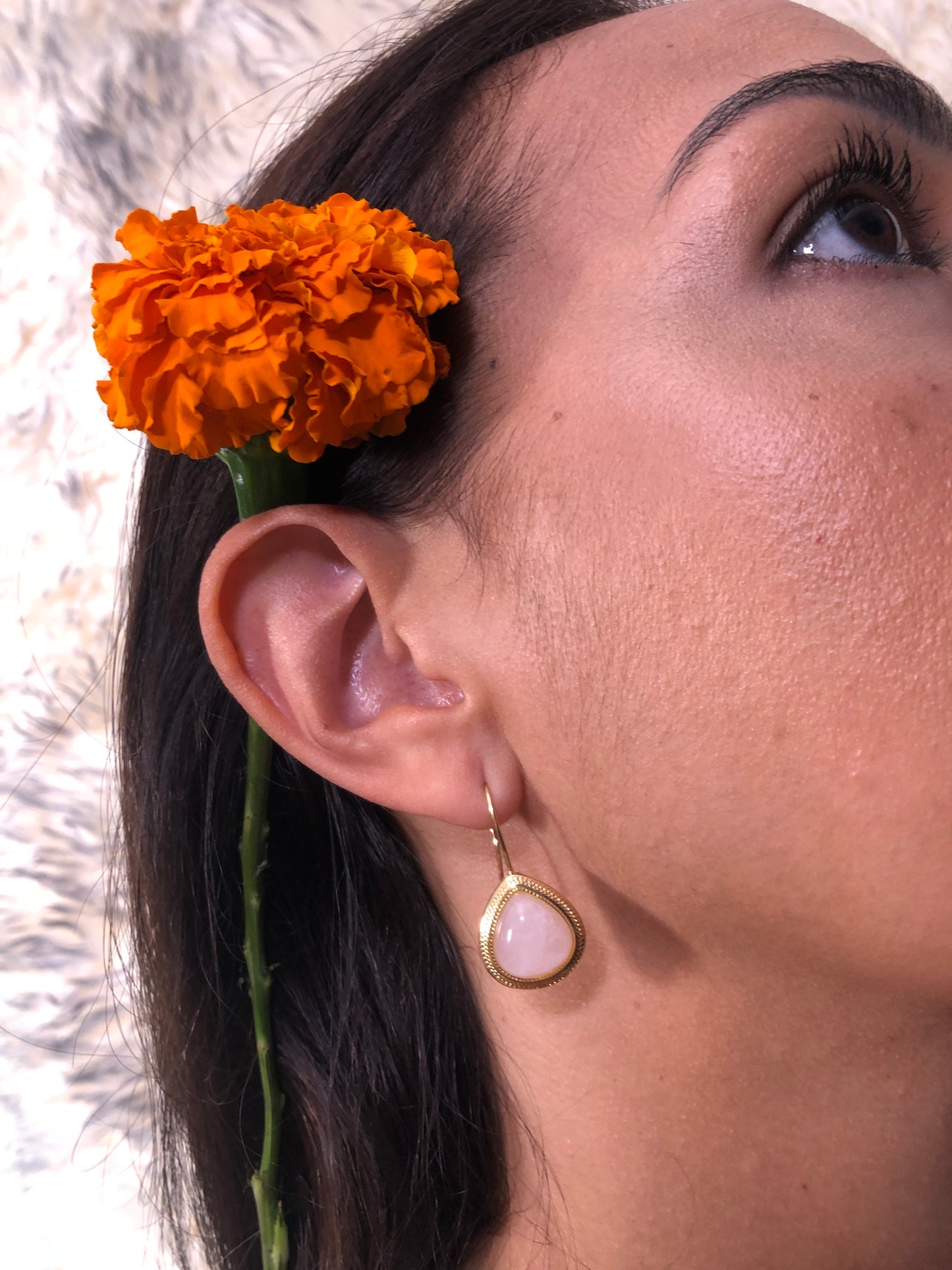 Rose Quartz Ornate Hook Earrings
