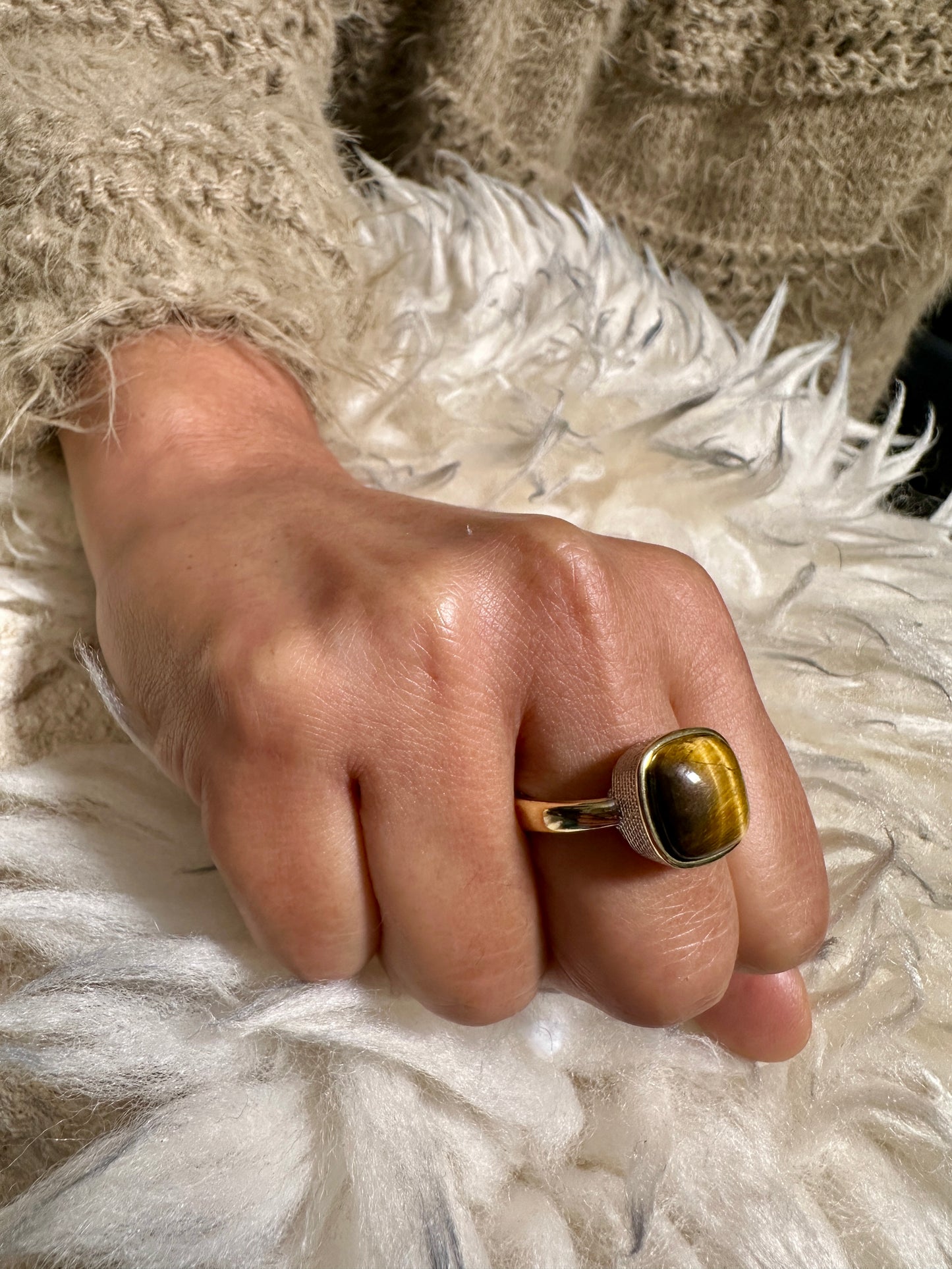 Tiger's Eye Cushion Gold Ring