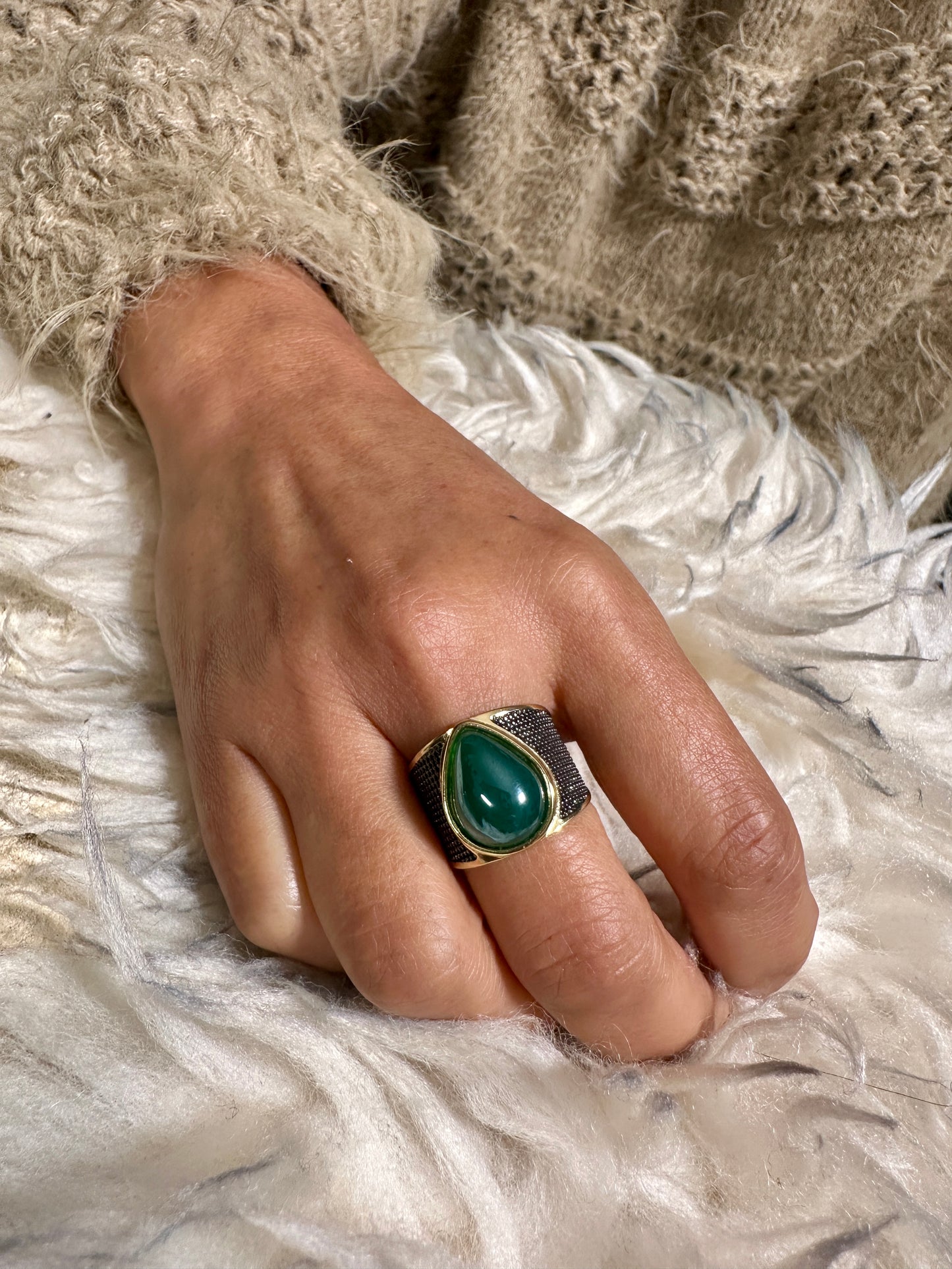 Green Agate Wide Band Ring