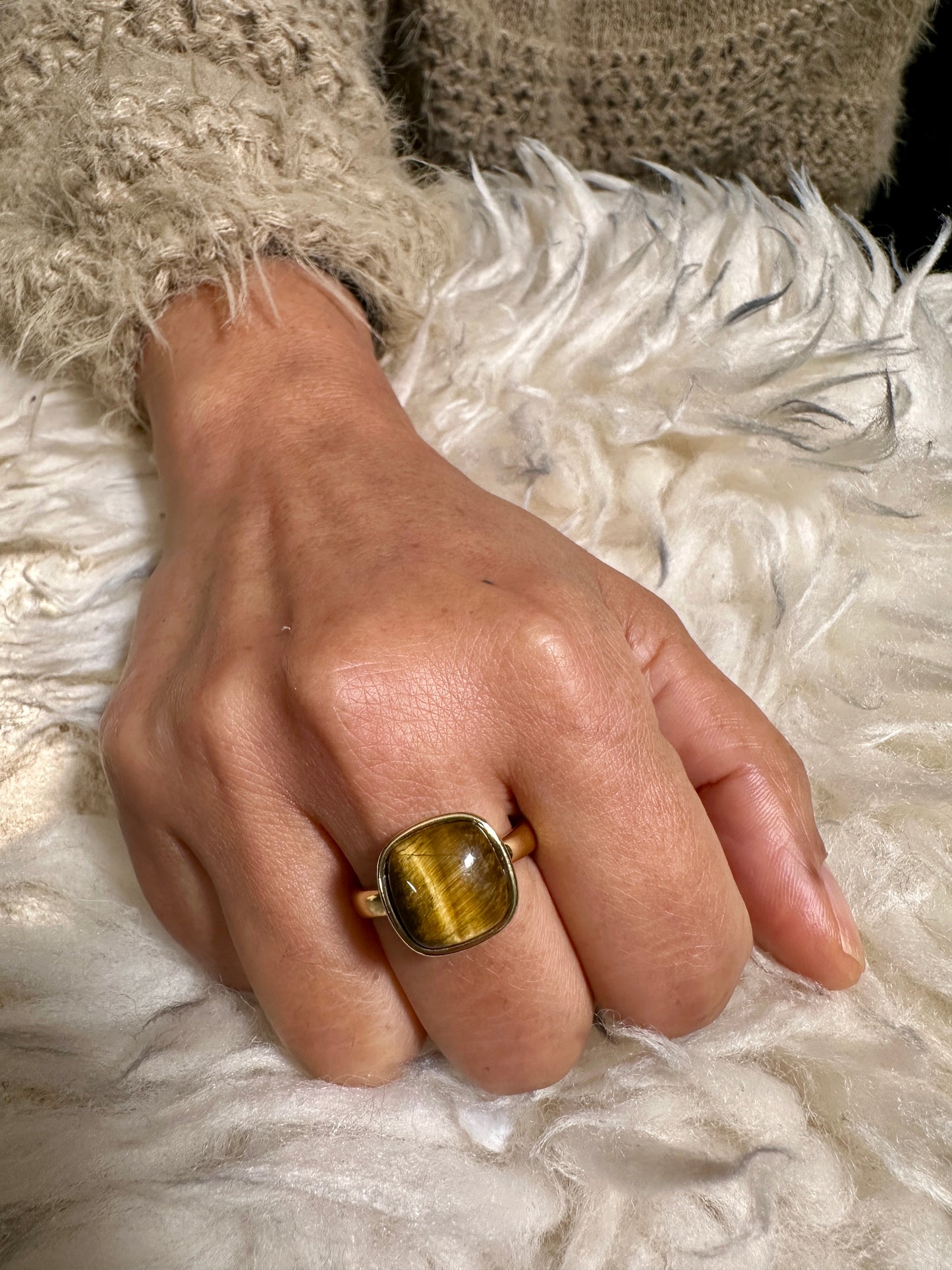 Tiger's Eye Cushion Gold Ring